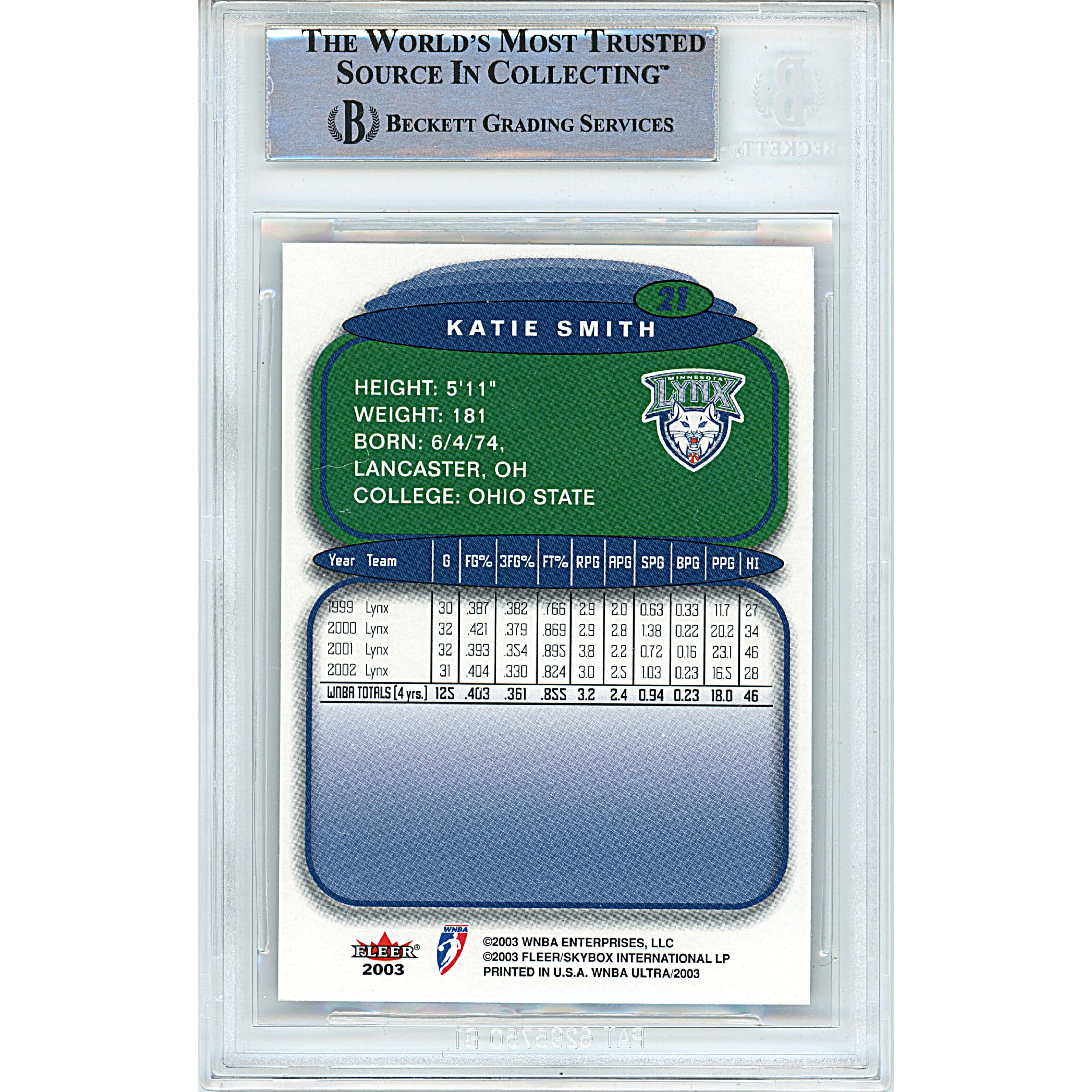 Katie Smith signed trading card – signature close-up – Beckett COA