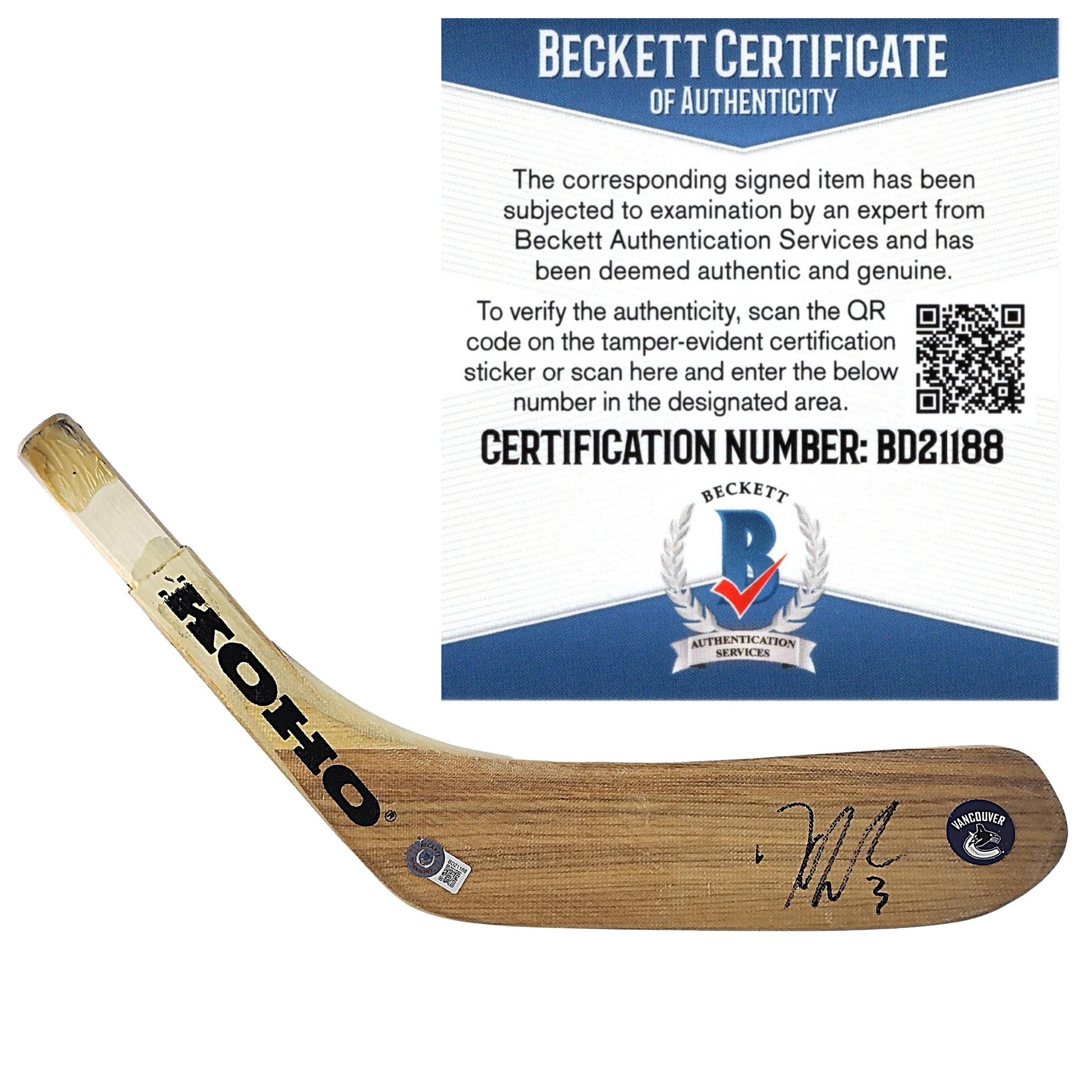 Hockey- Autographed- Kevin Bieksa Signed Vancouver Canucks Hockey Stick Blade Beckett Authentication 301