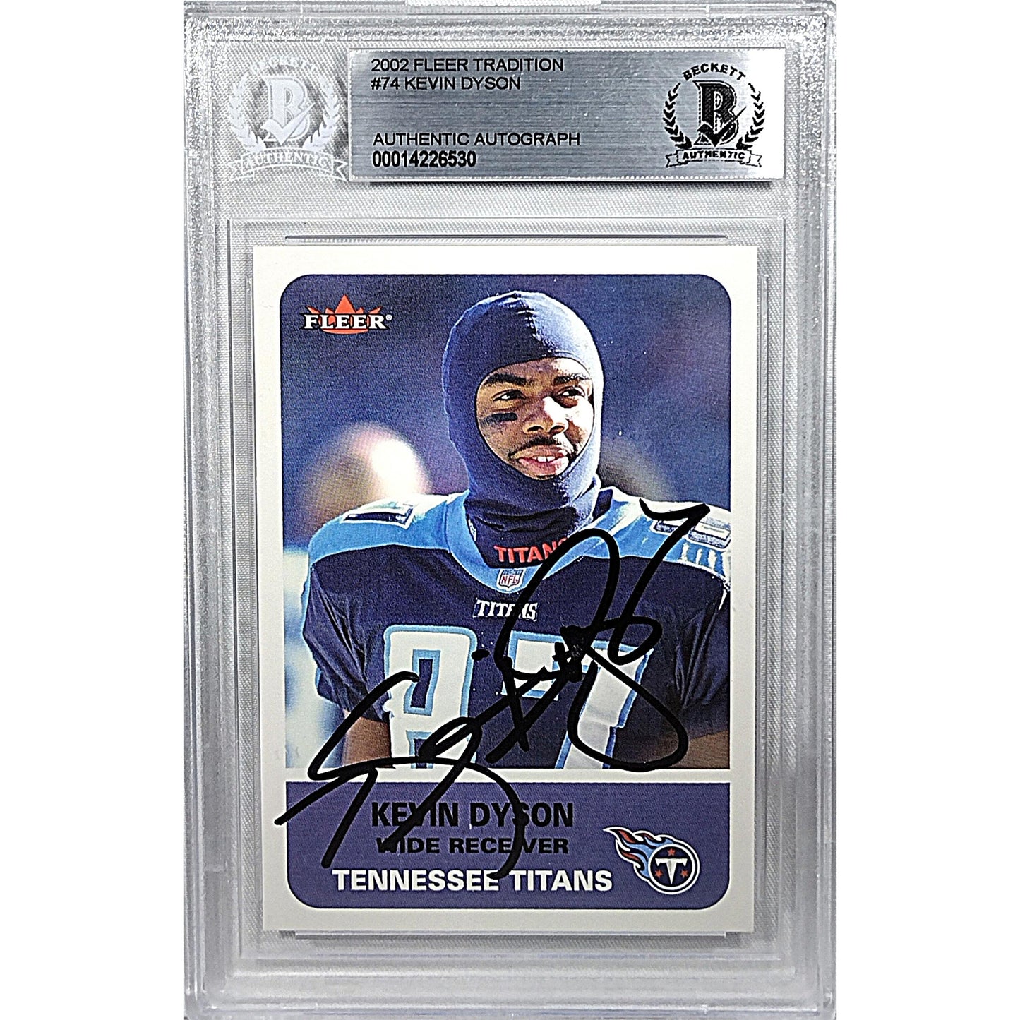 Footballs- Autographed- Kevin Dyson Signed Tennessee Titans 2002 Fleer Tradition Football Card Beckett BAS Slabbed 101