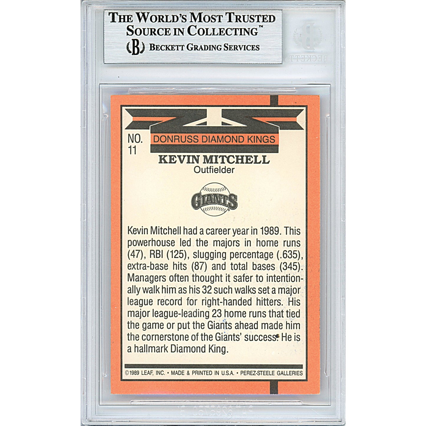 Baseballs- Autographed- Kevin Mitchell Signed San Francisco Giants 1990 Donruss Diamond Kings Baseball Card Beckett BAS Slabbed 00013191310 - 102