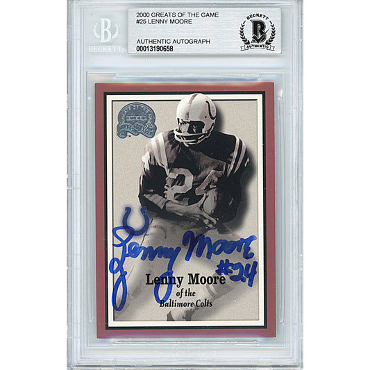 Footballs- Autographed- Lenny Moore Signed Baltimore Colts 2000 Fleer Greats of the Game Football Card Beckett BAS Authenticated Slabbed 00013190658 - 101