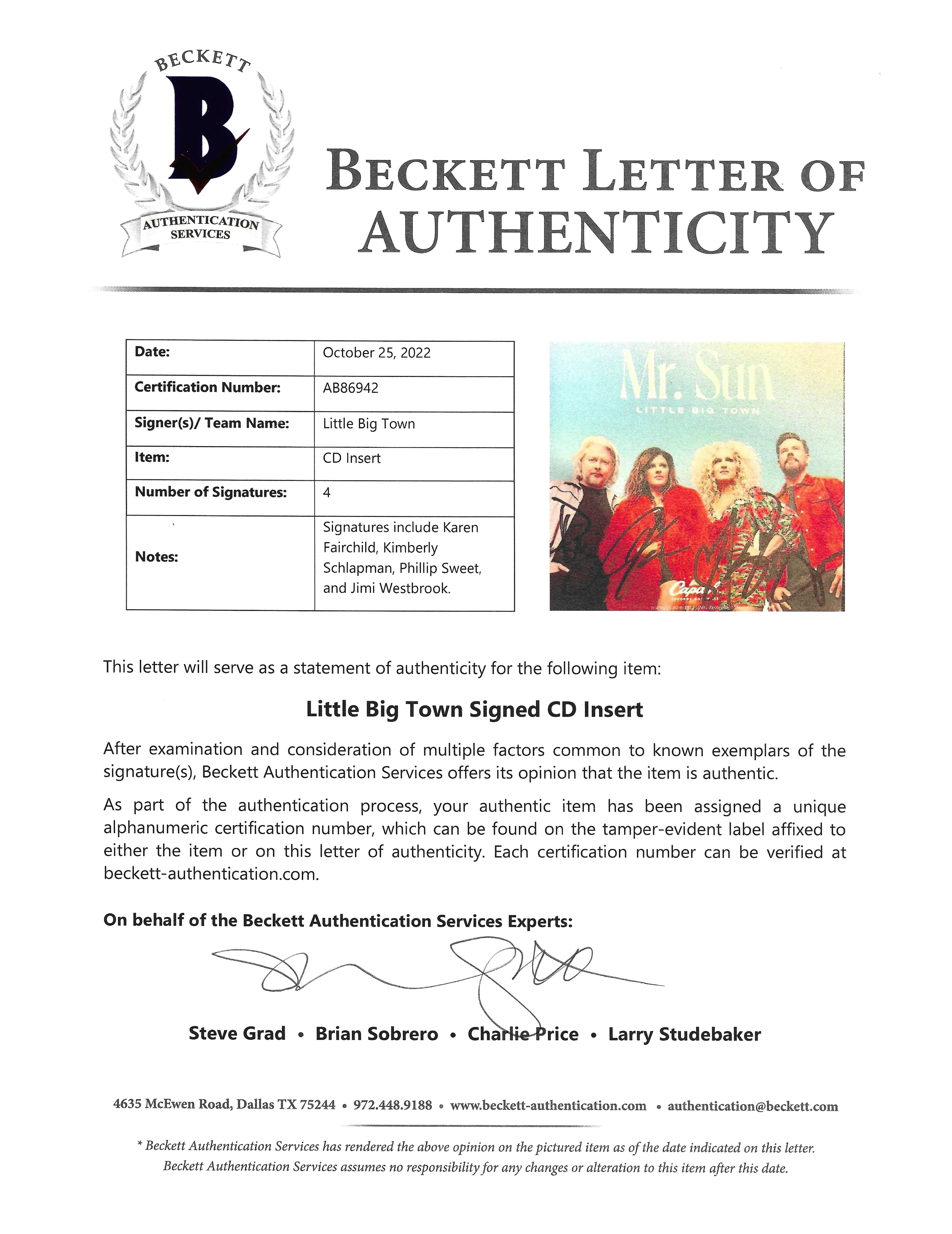 Little Big Town photo autograph – angled display – Beckett COA