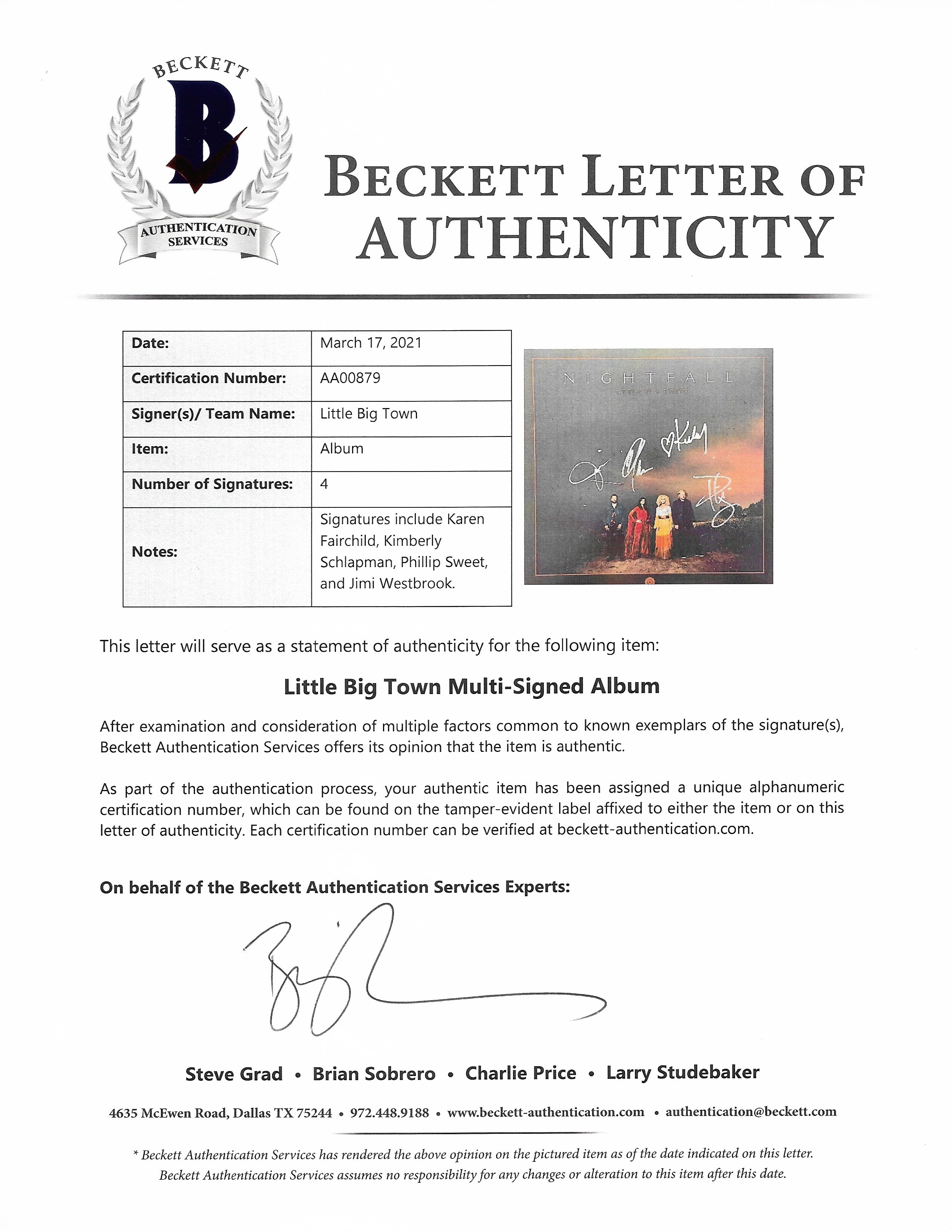 Little Big Town Band auto photo – authentication sticker – Beckett COA
