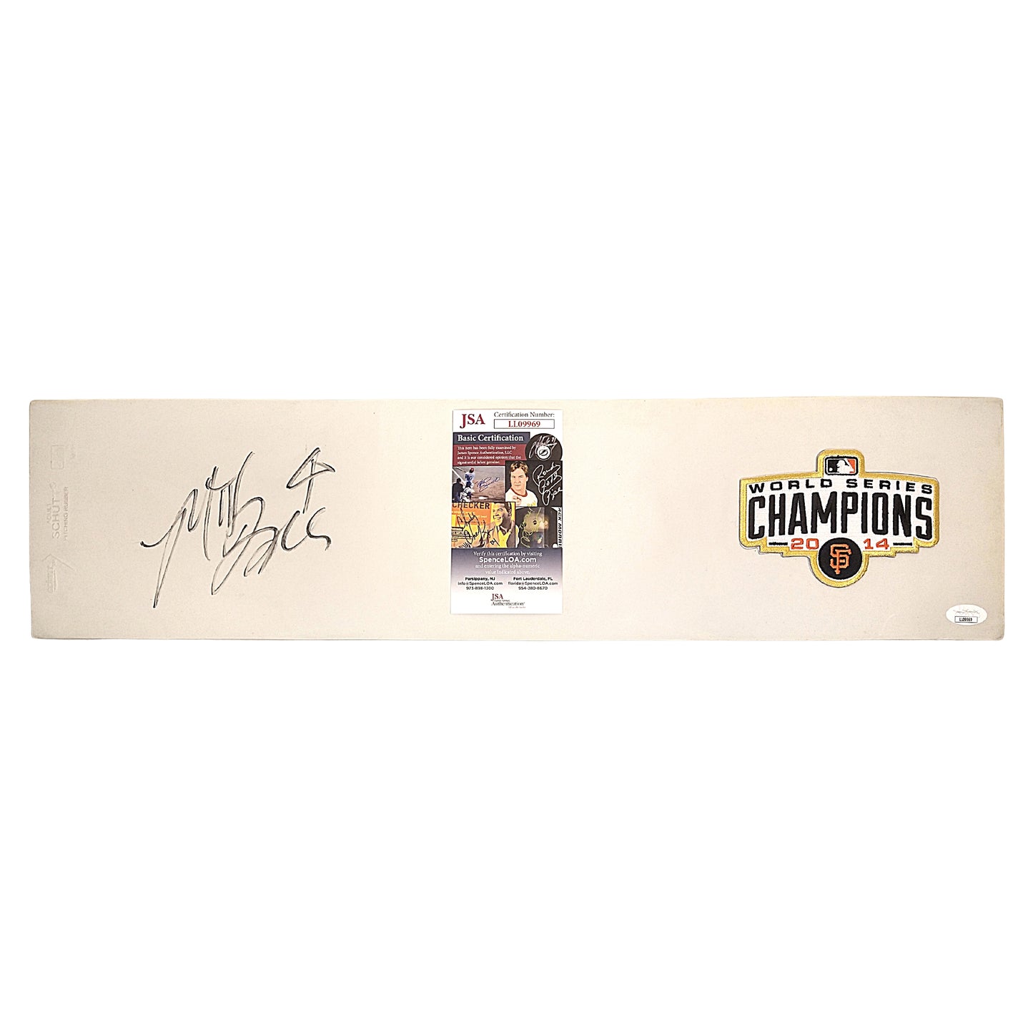Home Plates- Autographed- Madison Bumgarner Signed San Francisco Giants Photo 2014 World Series Logo Schutt Pitching Rubber - Proof Photo - JSA Authentication - 101
