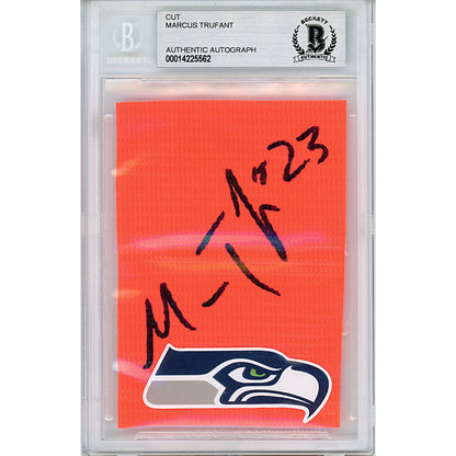 Footballs- Autographed- Marcus Trufant Signed Seattle Seahawks Football End Zone Pylon Beckett Slab 00014225562 - 101