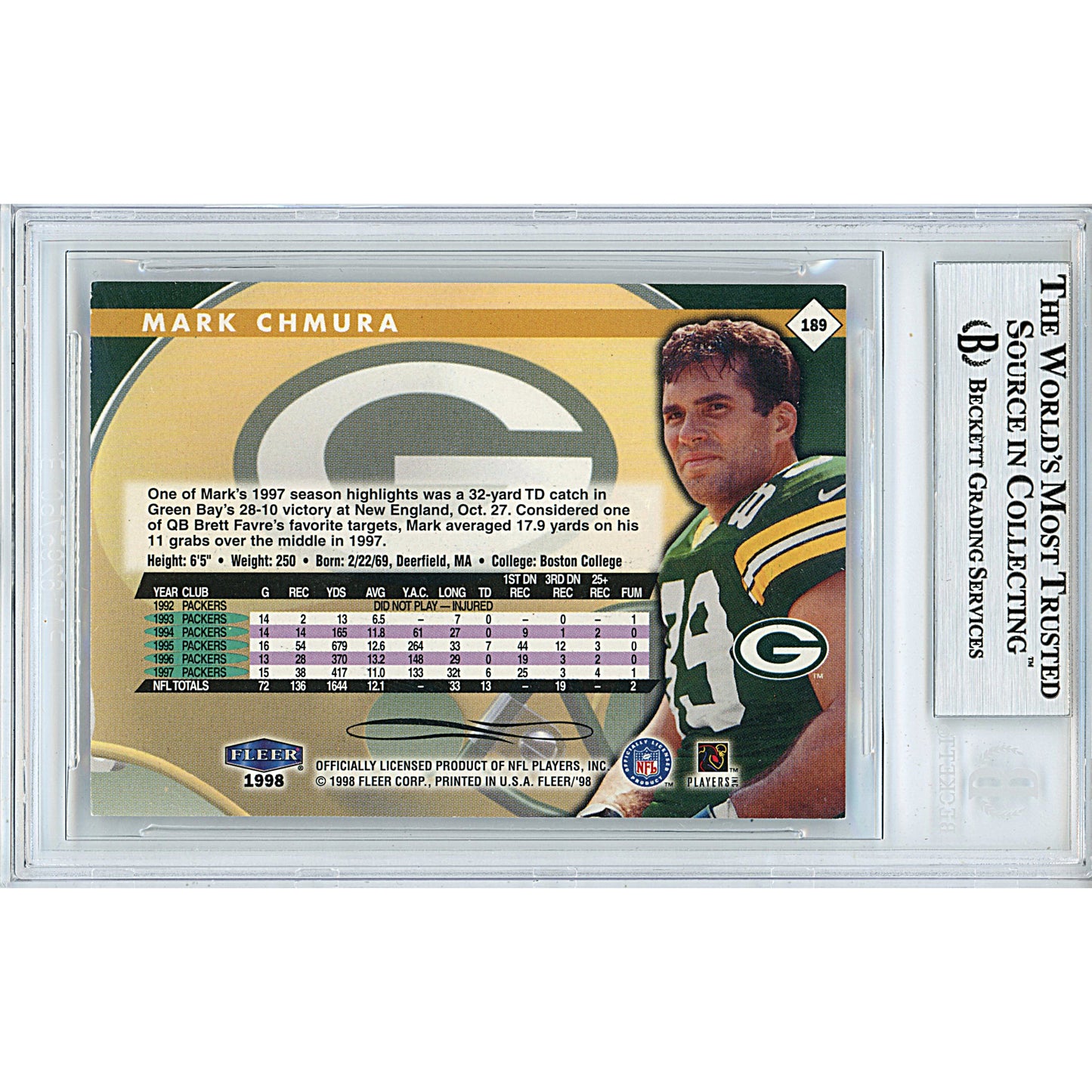 Footballs- Autographed- Mark Chmura Signed Green Bay Packers 1998 Fleer Tradition Football Card Beckett BAS Authentication Slabbed 00013190448 - 102