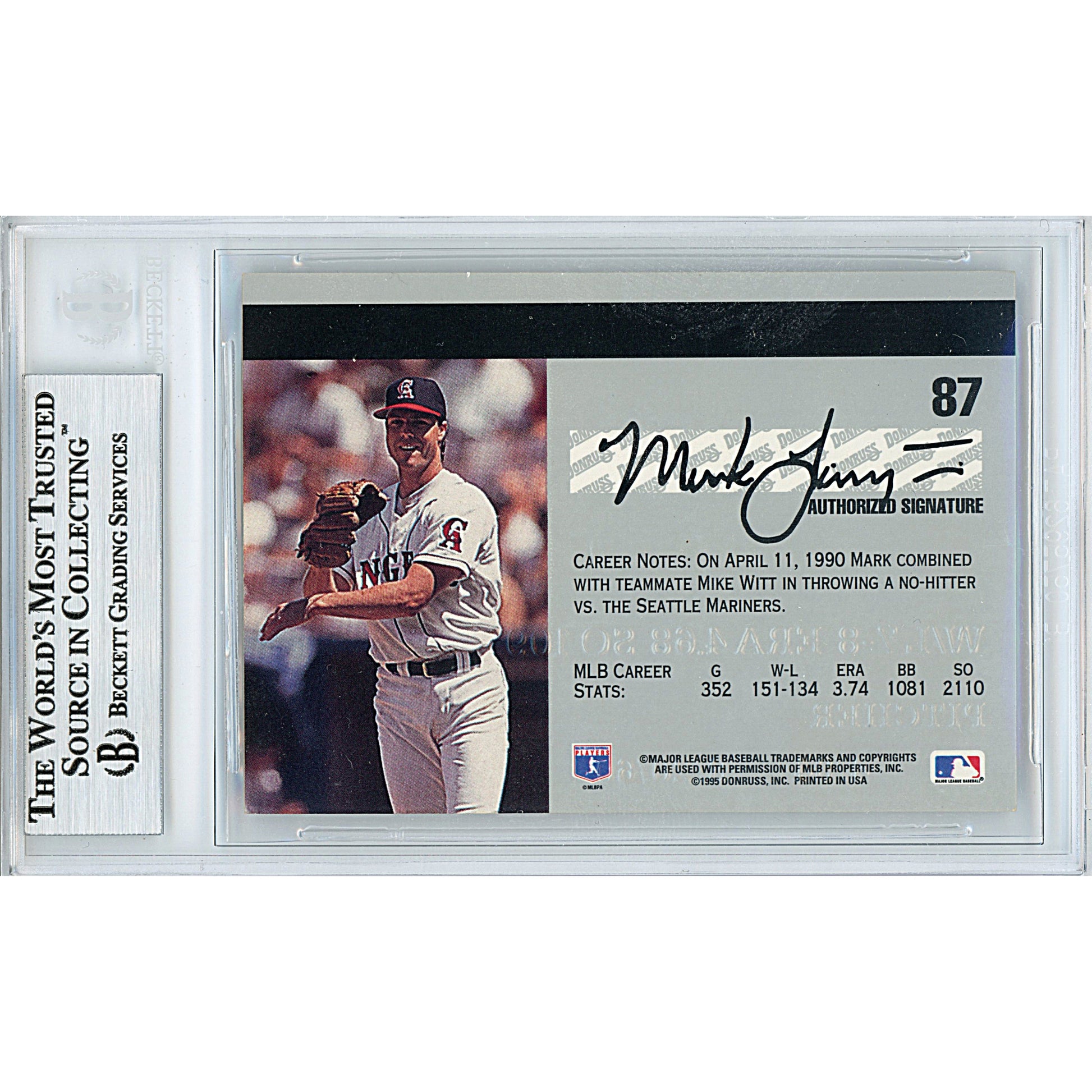 Baseballs- Autographed- Mark Langston Signed Los Angeles Angels 1995 Donruss Studio Baseball Card Beckett BAS Slabbed 00013191070 - 103