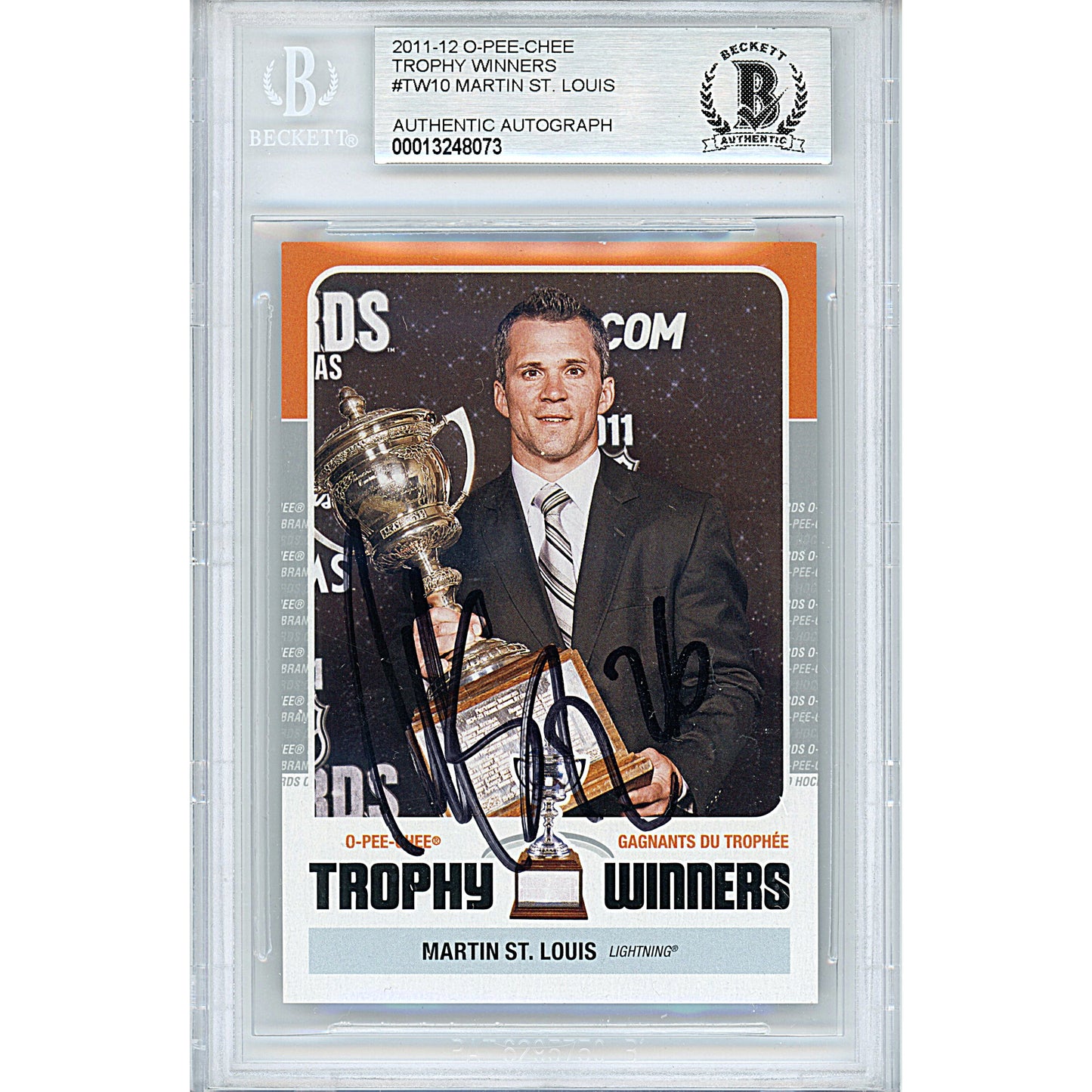 Hockey- Autographed- Martin St. Louis Signed Tampa Bay Lightning 2011-2012 O-Pee-Chee Trophy Winners Insert Hockey Card Beckett BAS Slabbed 00013248073 - 101