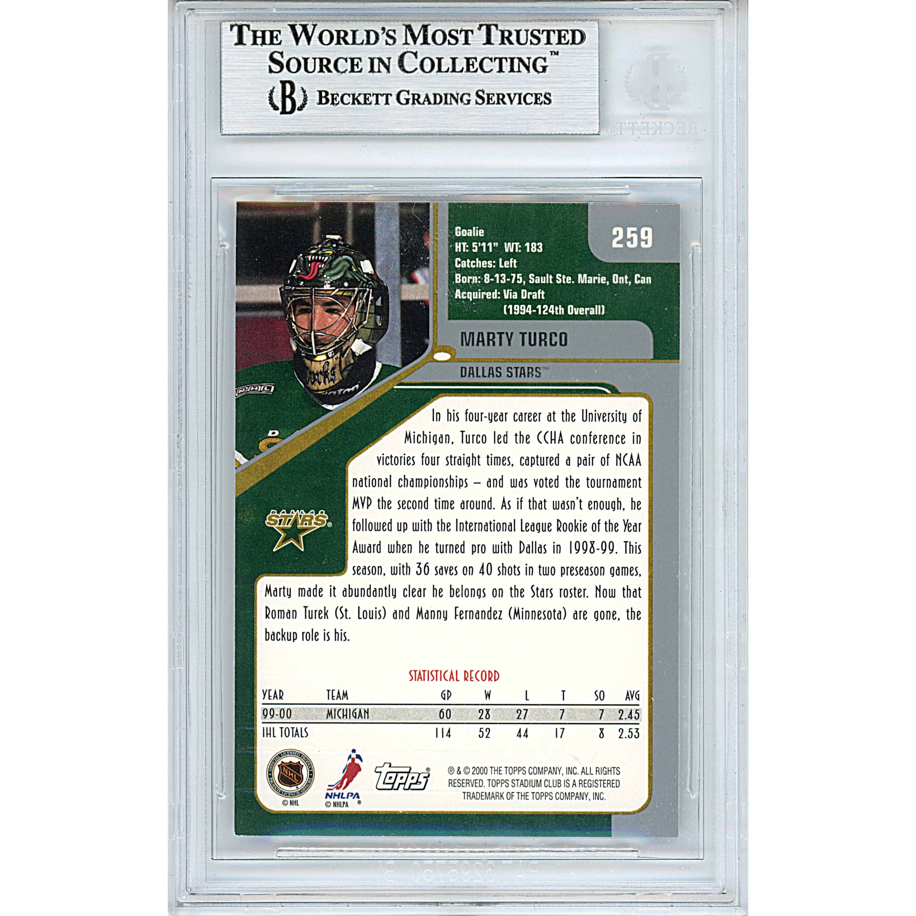 Marty Turco signed trading card – signature close-up – Beckett COA