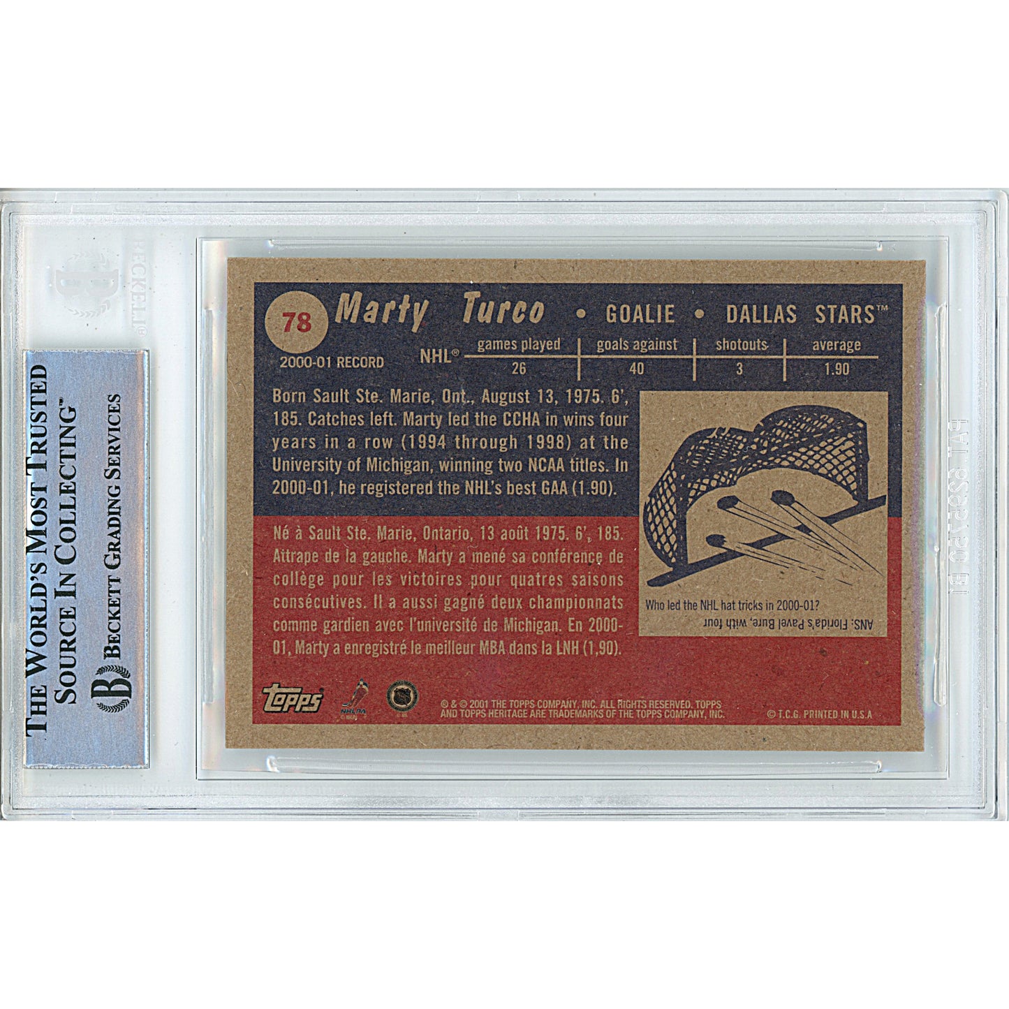 Hockey- Autographed- Marty Turco Signed Dallas Stars 2001-2002 Topps Heritage Hockey Card Beckett Authentication Slabbed 00014998637 - 102
