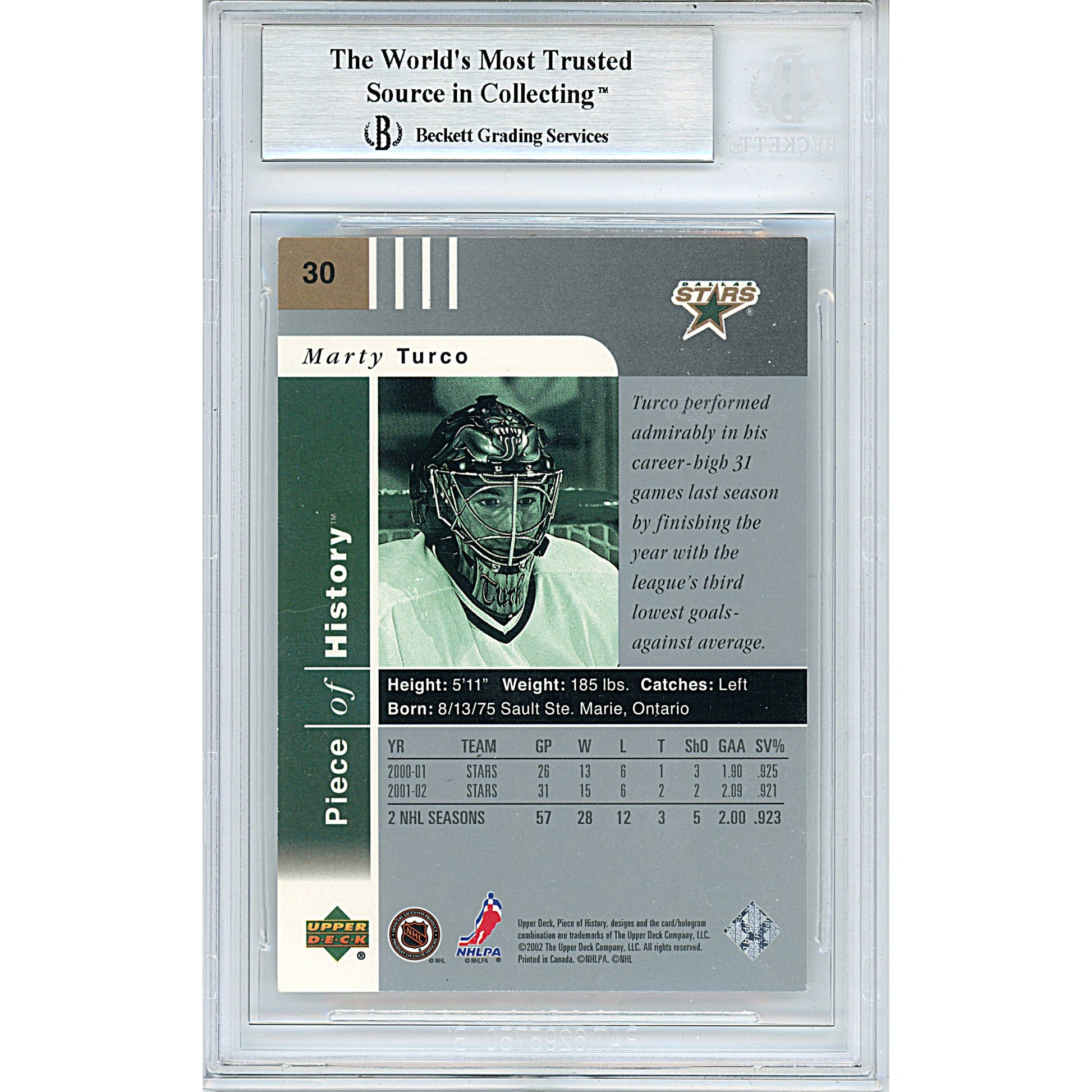 Hockey- Autographed- Marty Turco Signed Dallas Stars 2002-2003 Upper Deck Piece of History Hockey Card Beckett BAS Slabbed 00013248071 - 102