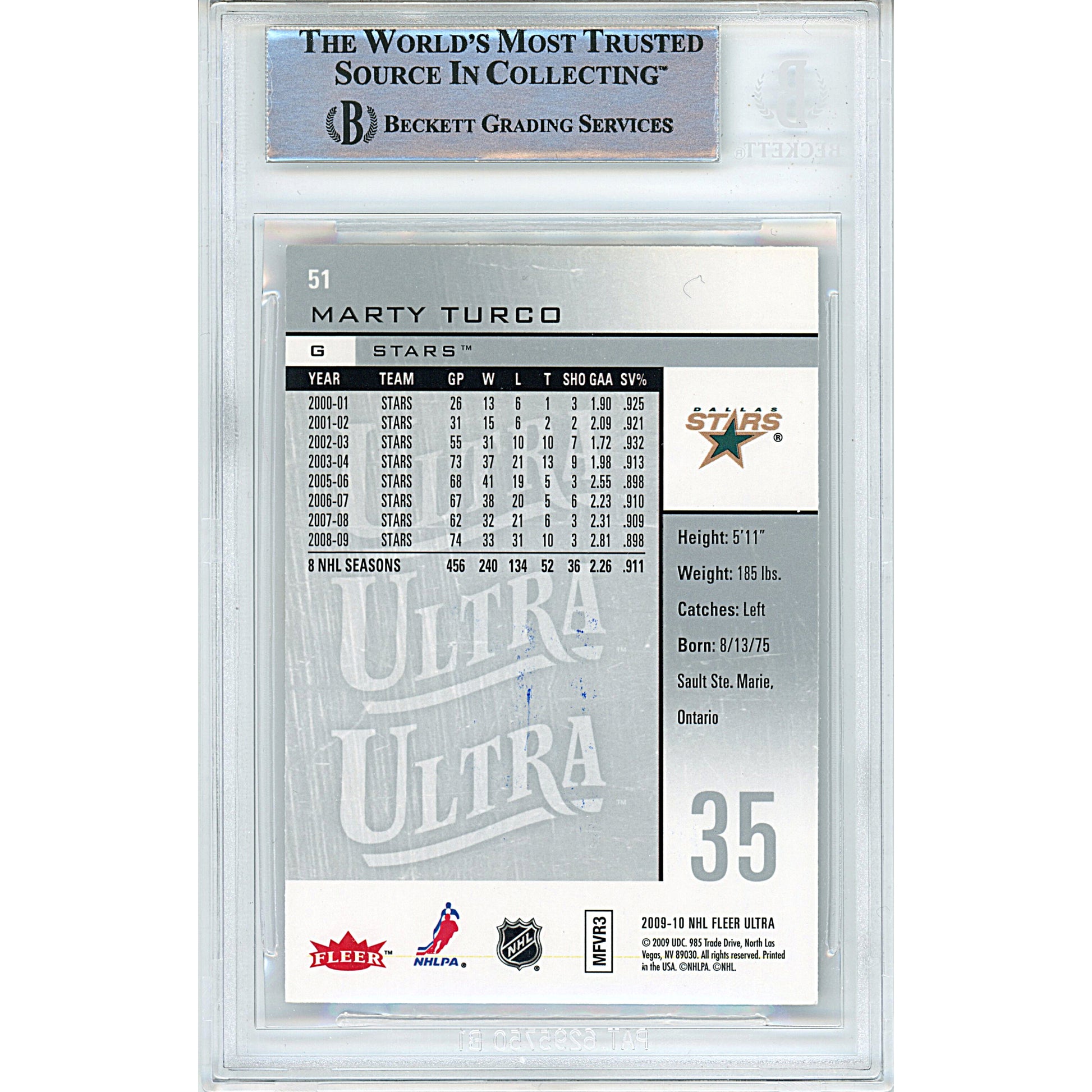 Hockey- Autographed- Marty Turco Signed Dallas Stars 2009-2010 Fleer Ultra Hockey Card Beckett Authentication Slabbed 00014998630 - 102