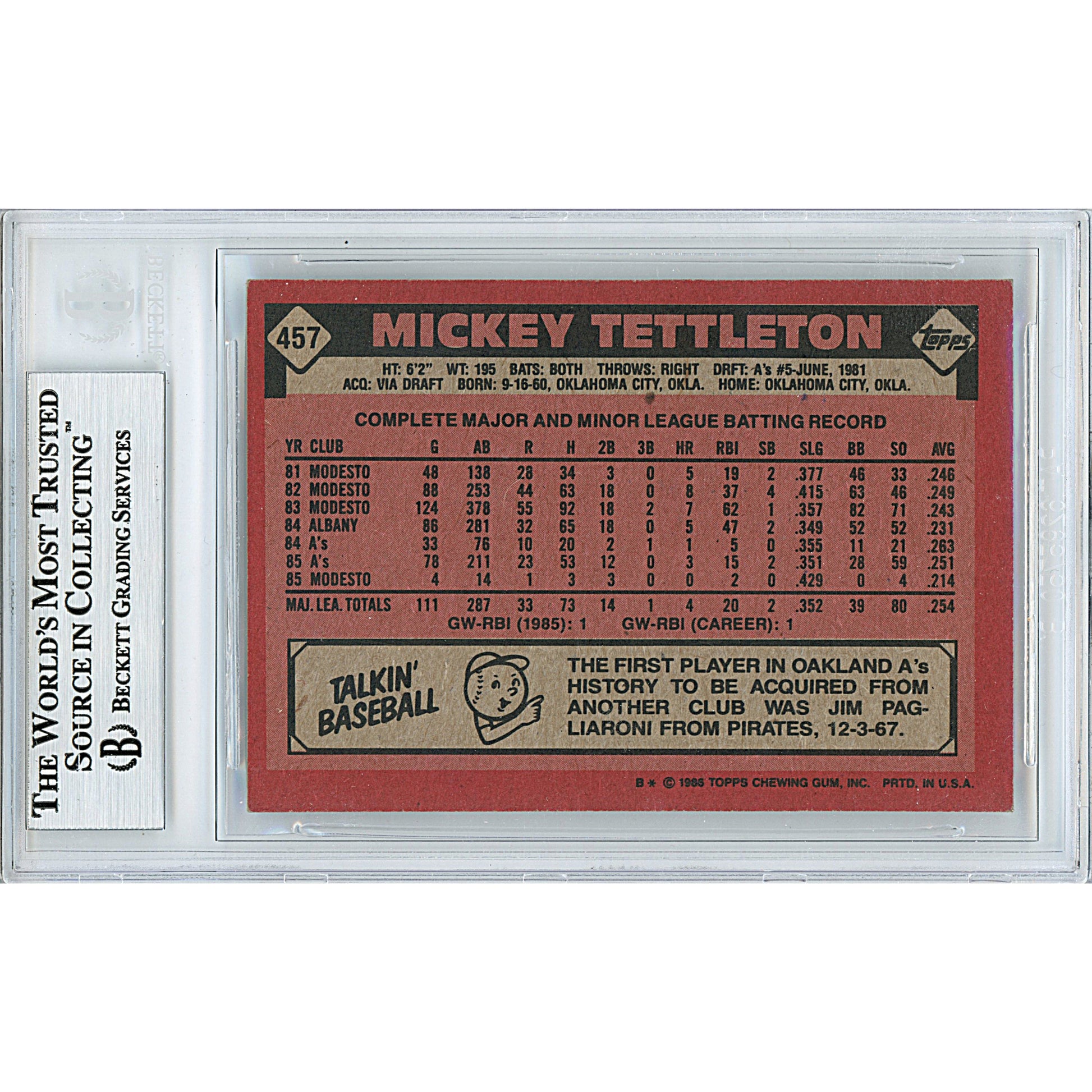 Baseballs- Autographed- Mickey Tettleton Signed Oakland Athletics A's 1986 Topps Baseball Card Beckett BAS Slabbed 00013191131 - 102