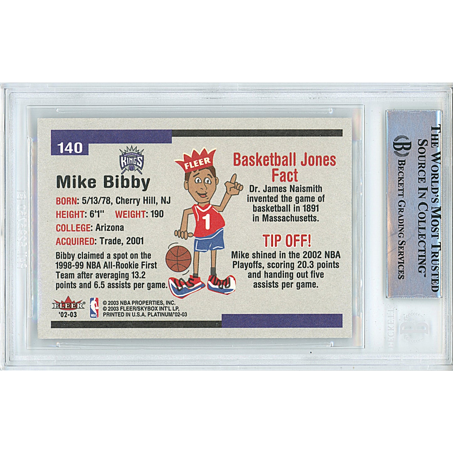 Basketball- Autographed- Mike Bibby Signed Sacramento Kings 2002-2003 Fleer Platinum Trading Card Beckett Authentication Slabbed 00014998799 - 102