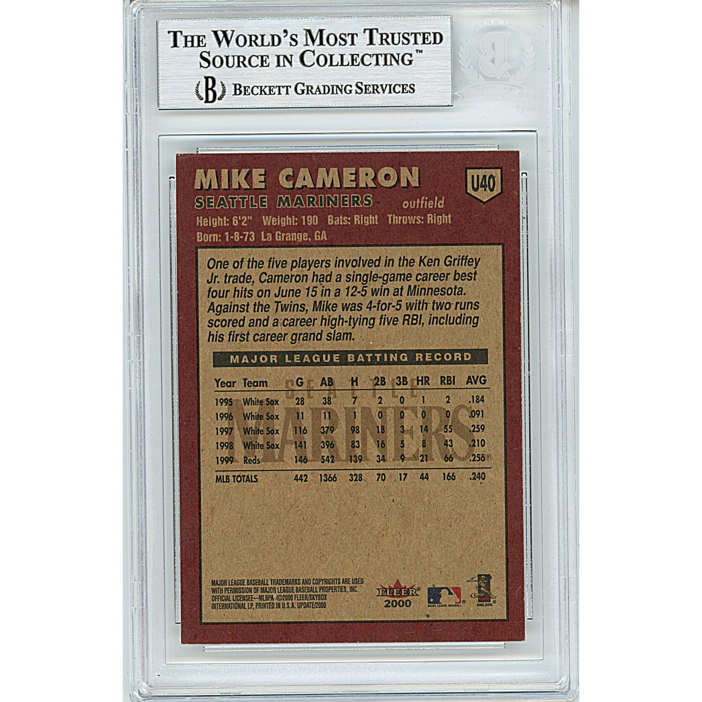 Baseballs- Autographed- Mike Cameron Signed Seattle Mariners 2000 Fleer Tradition Update Baseball Card Beckett BAS Slabbed 00014226223 - 102