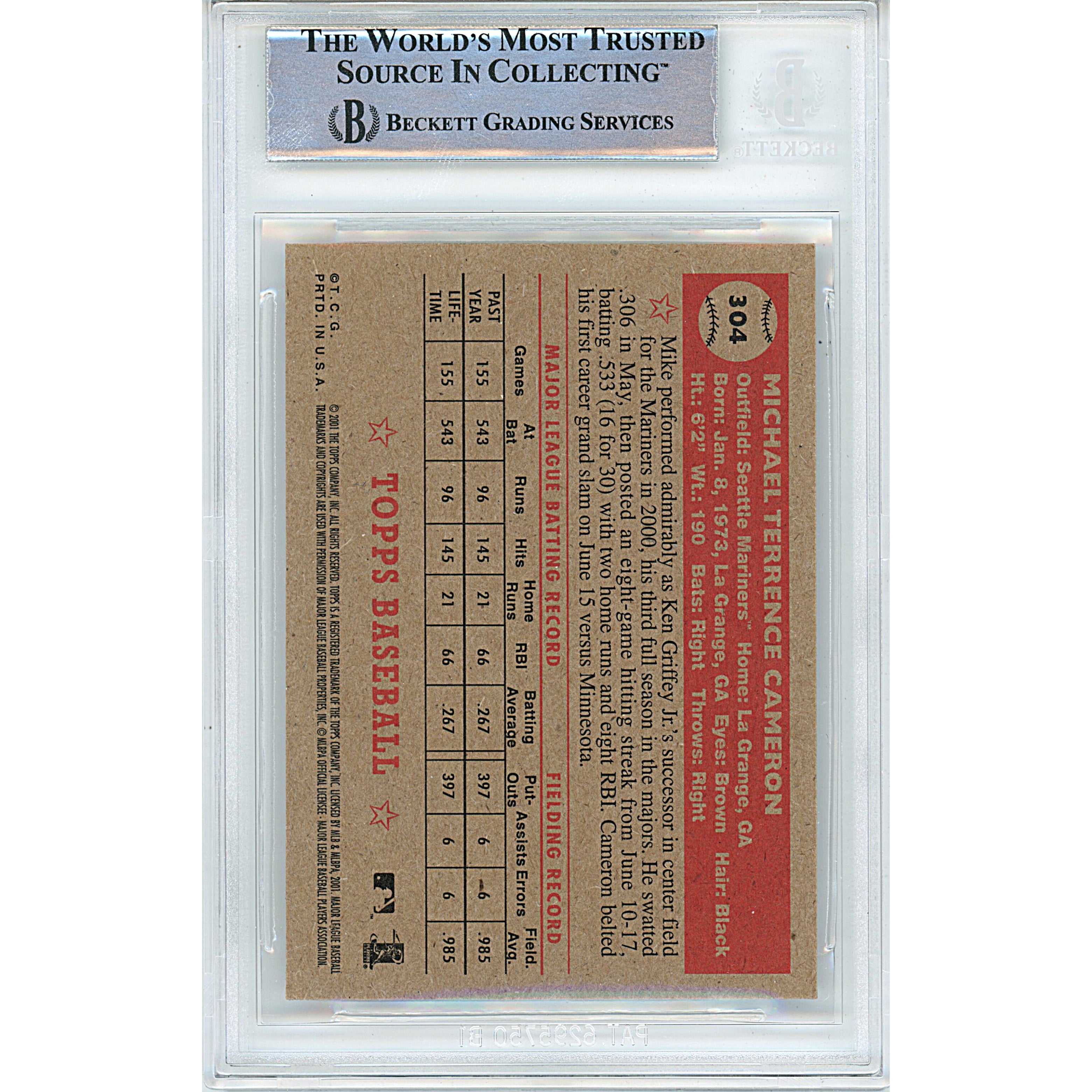 Mike Cameron trading card autograph – angled display – Beckett COA