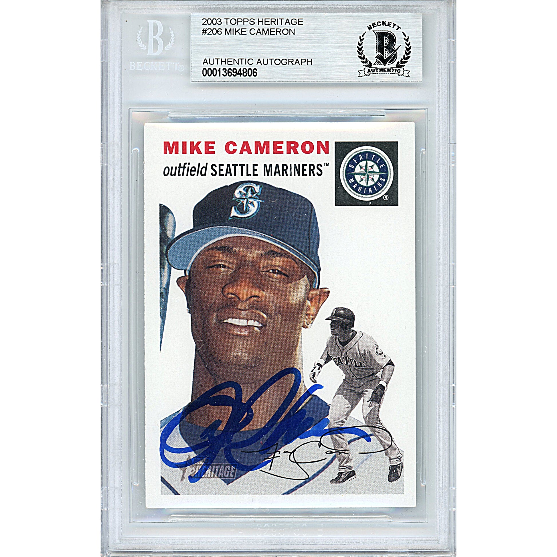 Baseballs- Autographed- Mike Cameron Signed Seattle Mariners 2003 Topps Heritage Baseball Card Beckett BAS Slabbed 00013694806 - 101