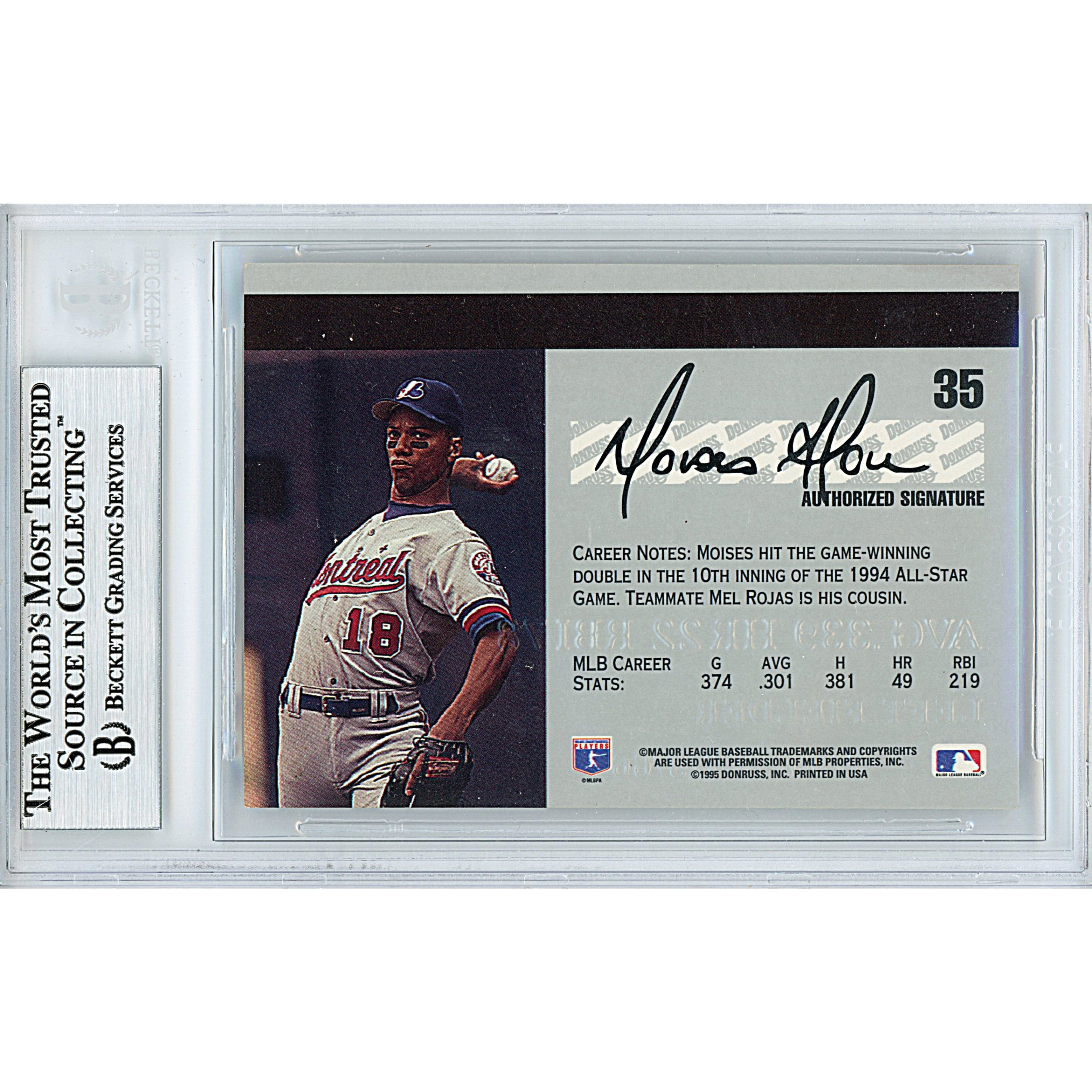 Moises Alou auto trading card – authentication sticker – Beckett COA