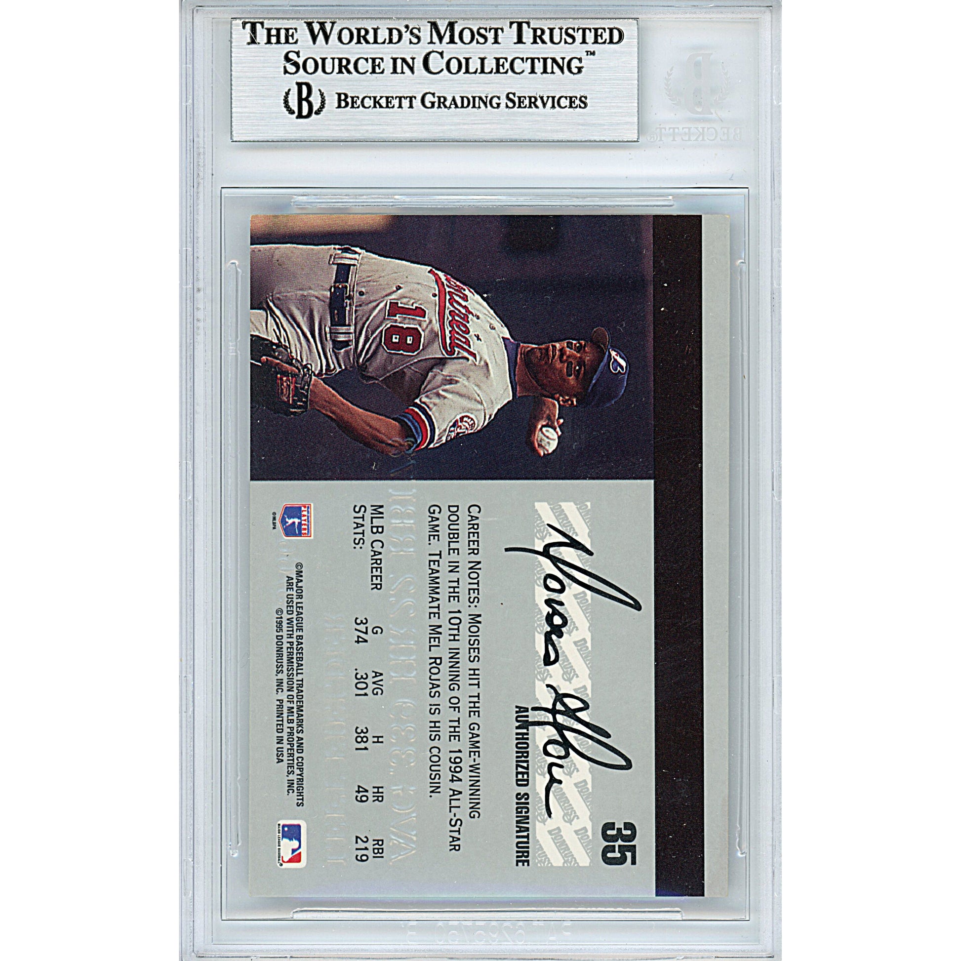 Baseballs- Autographed- Moises Alou Signed Montreal Expos 1995 Donruss Studio Baseball Card Beckett Slabbed 00013191018 - 104