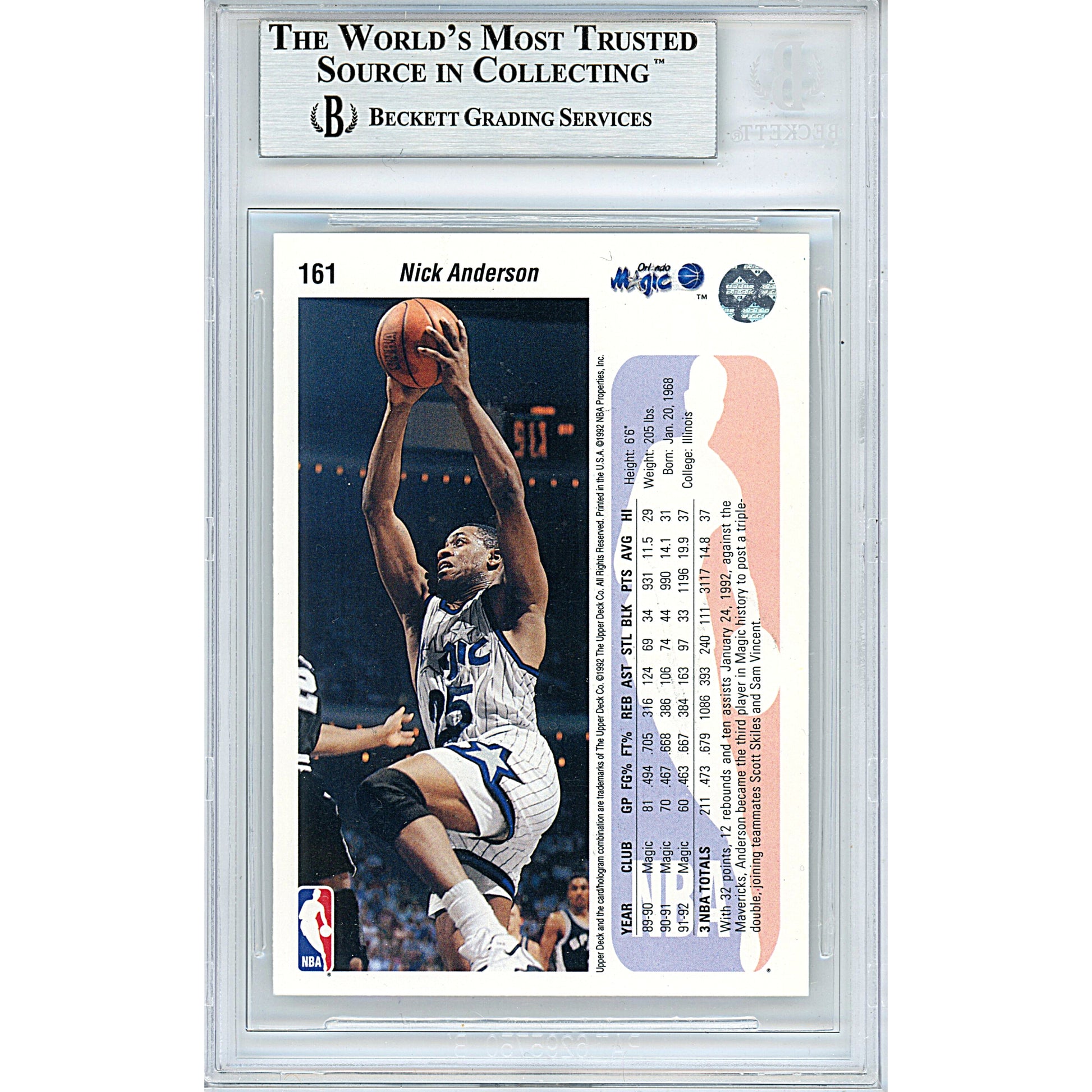 Basketballs- Autographed- Nick Anderson Signed Orlando Magic 1992-1993 Upper Deck Basketball Card Beckett BAS Slabbed 00013694883 - 102