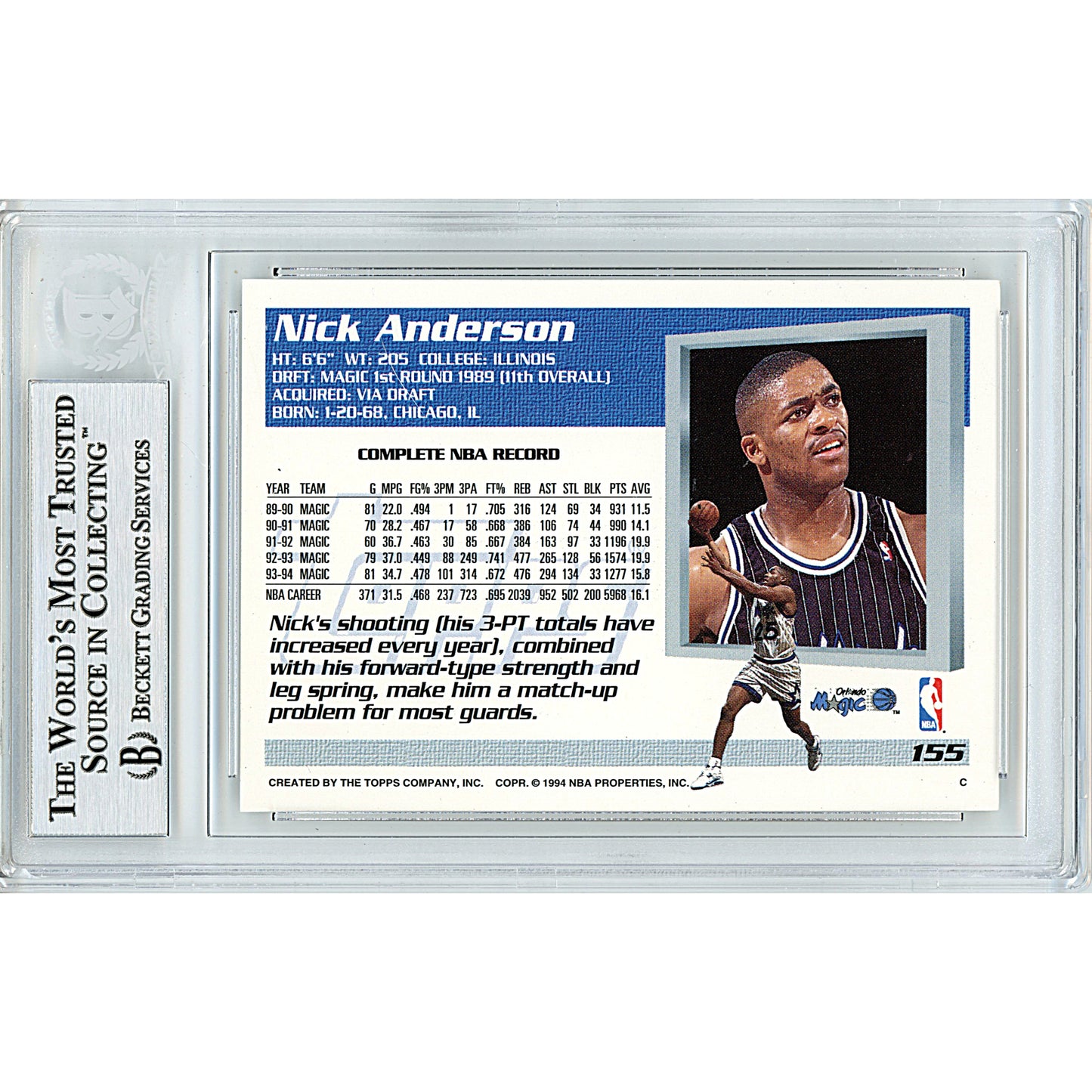 Basketballs- Autographed- Nick Anderson Signed Orlando Magic 1994-1995 Topps Basketball Card Beckett Slabbed 00014225470 - 102