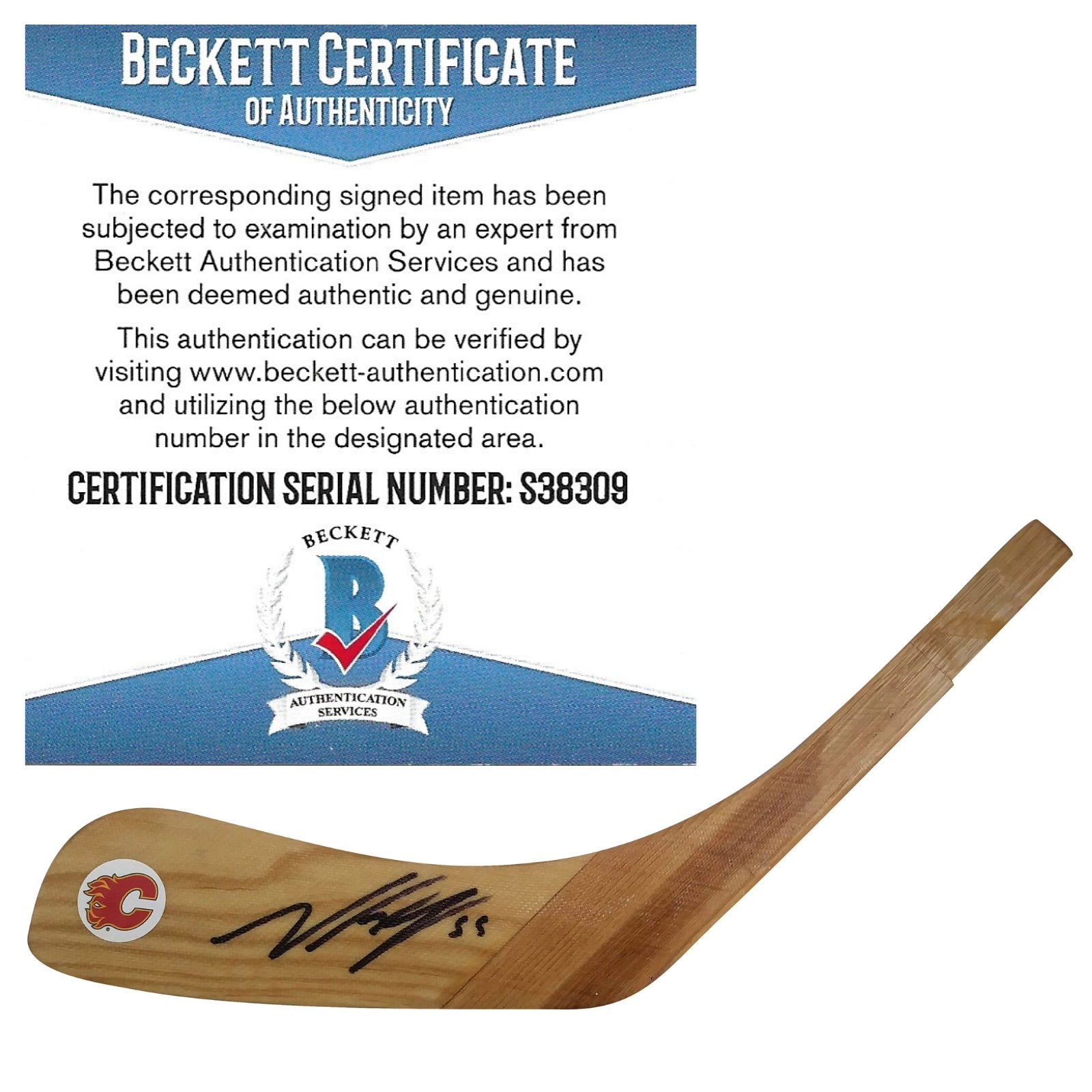 Hockey Stick Blades- Autographed- Noah Hanifin Signed Calgary Flames Logo Hockey Stick Blade Beckett BAS 101