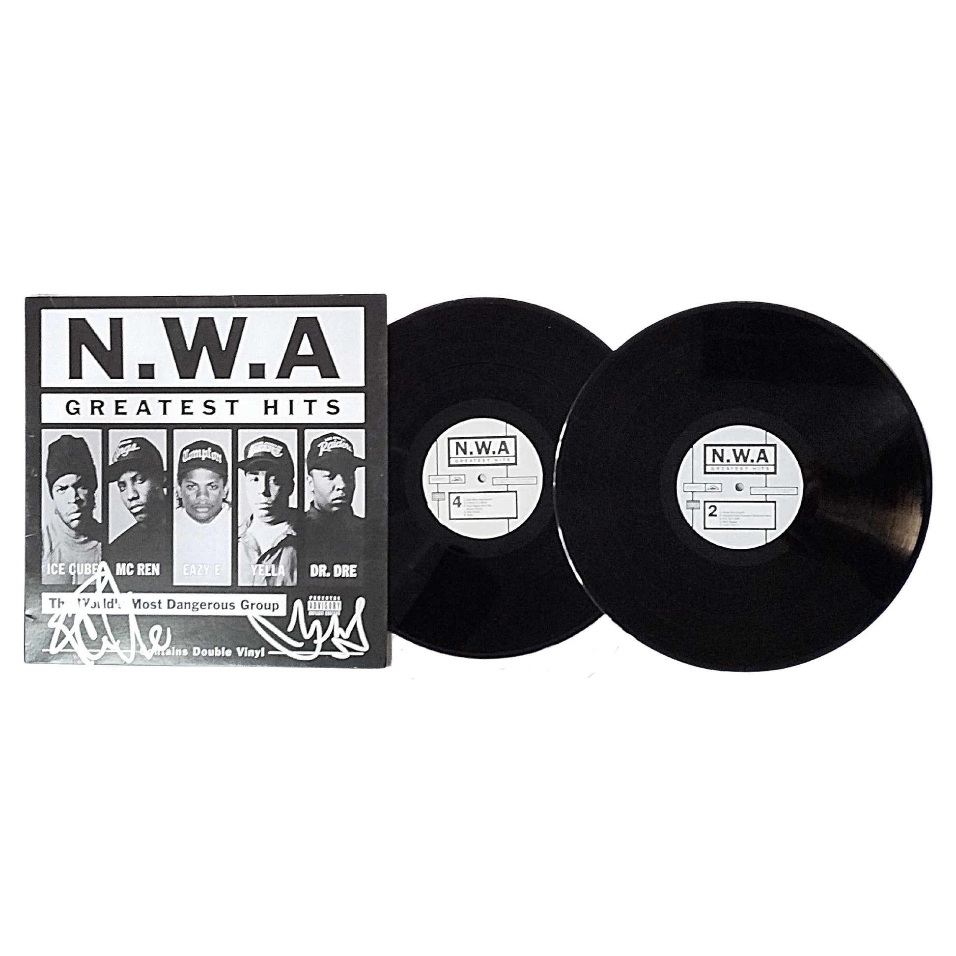Music- Autographed- Ice Cube and DJ Yella Signed NWA Greatest Hits Vinyl Record Album Cover Proof Photos Beckett BAS Authentication 105
