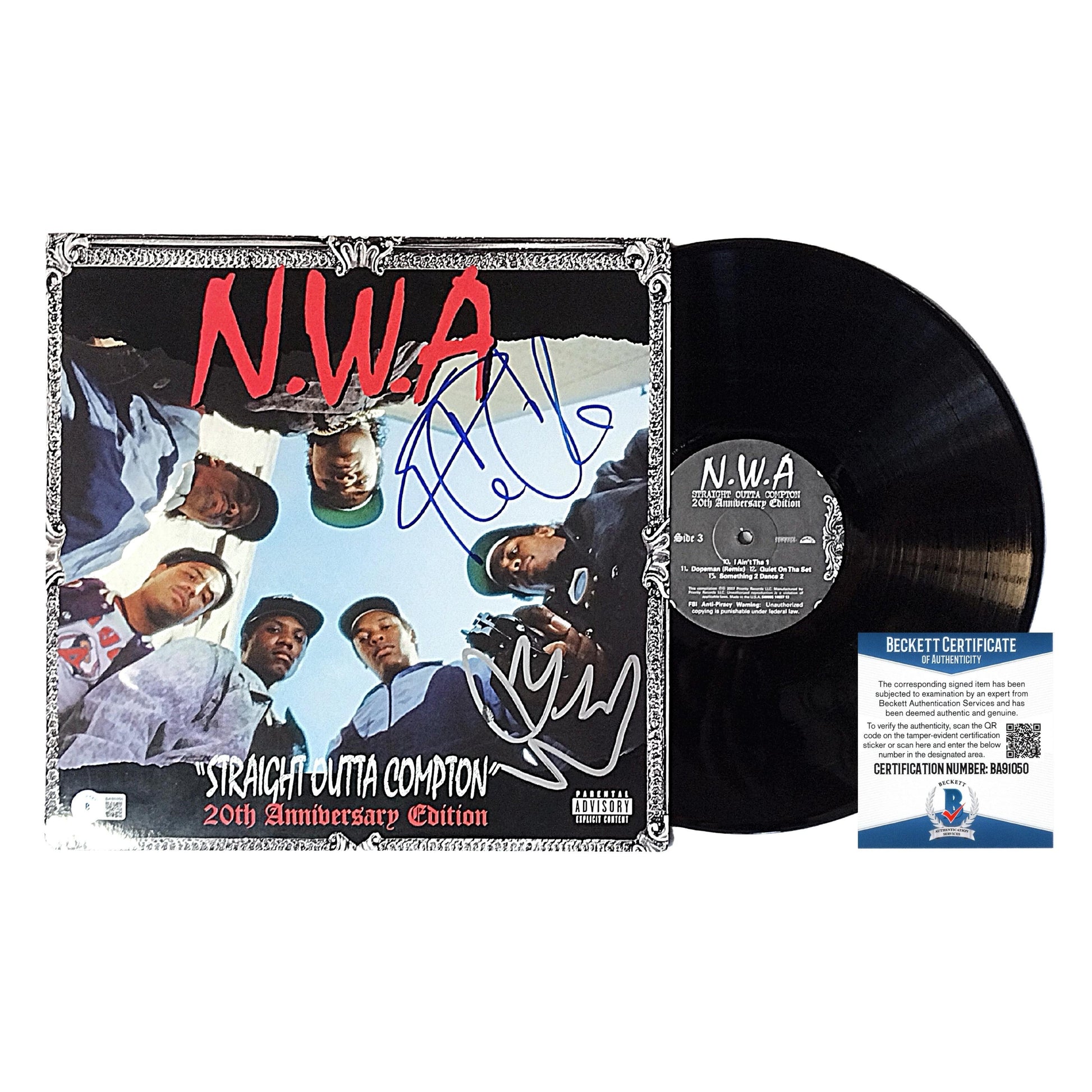 Music- Autographed- Ice Cube and DJ Yella Signed NWA Straight Outta Compton 20th Anniversary Edition Vinyl Record Album Cover Beckett BAS Authentication 101