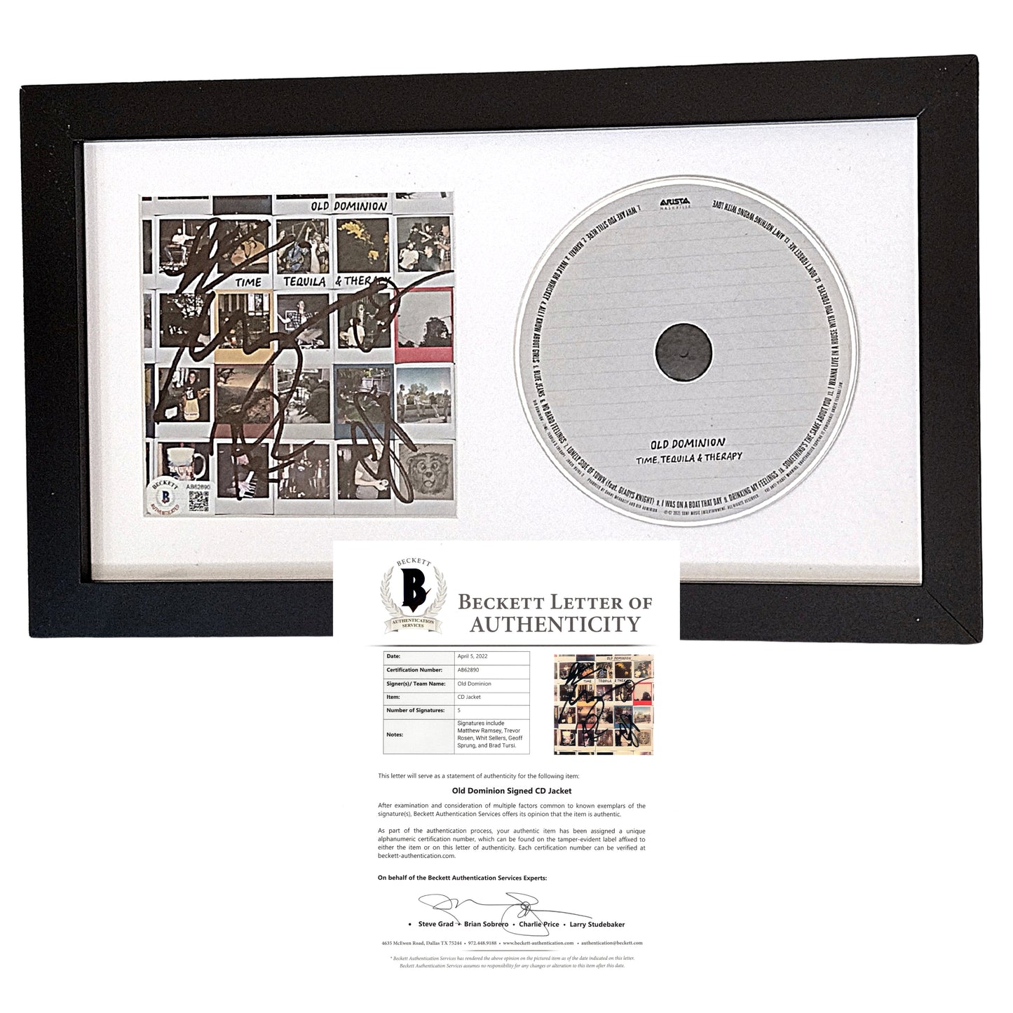 Music- Autographed- Old Dominion Signed Time, Tequila and Therapy CD Cover Framed and Matted with Compact Disc - Beckett BAS Authentication 101a