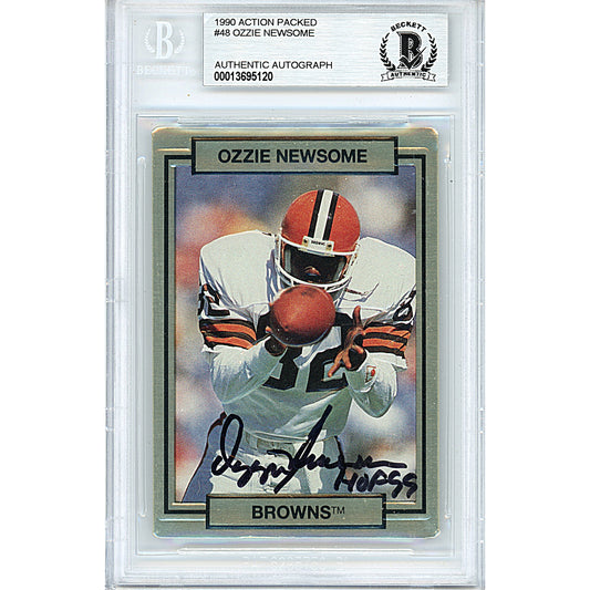 Footballs- Autographed- Ozzie Newsome Signed Cleveland Browns 1990 Action Packed Football Card Beckett Slabbed 00013695120 - 101