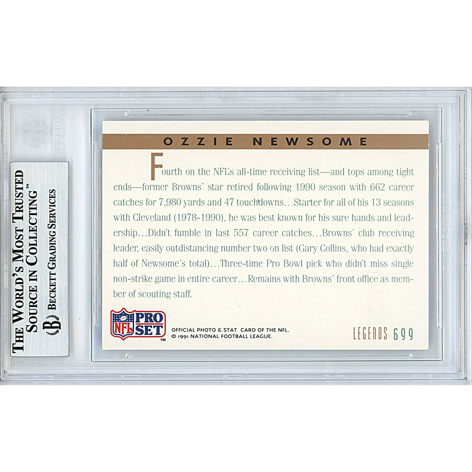 Footballs- Autographed- Ozzie Newsome Signed Cleveland Browns 1991 NFL Pro Set Football Card Beckett BAS Slabbed 00013695121 - 102