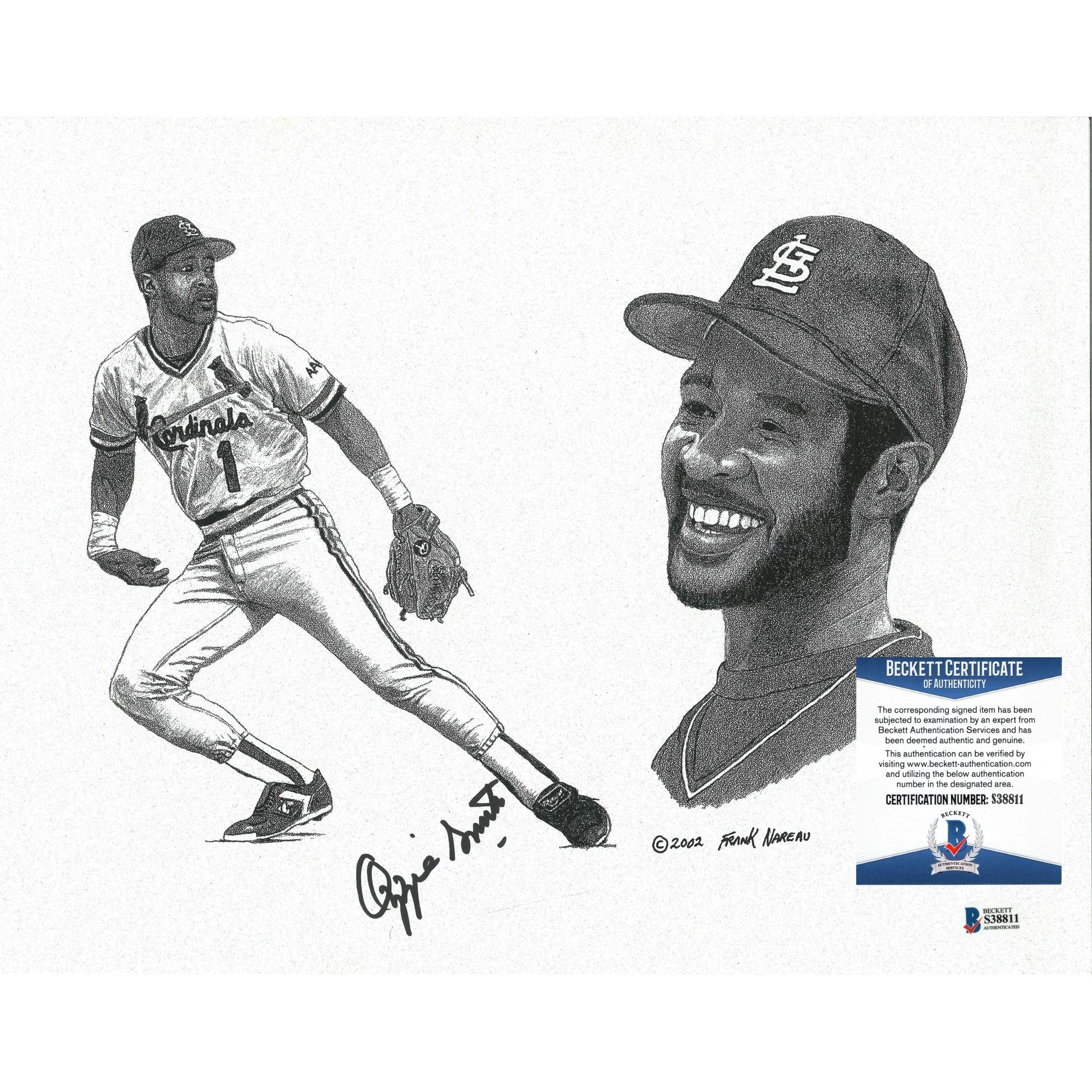 Baseballs- Autographed- Ozzie Smith Signed St. Louis Cardinals Frank Nareau 11x14 Litho Beckett BAS Authentication 101