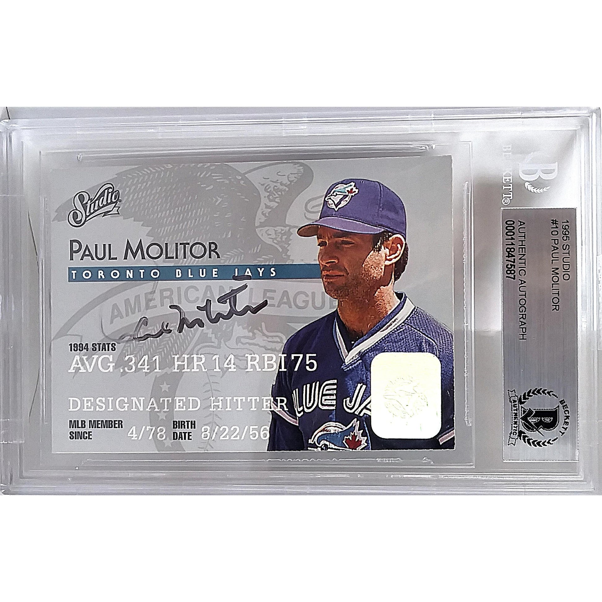 Baseballs- Autographed- Paul Molitor Signed Toronto Blue Jays 1995 Studio Base Set Baseball Trading Card - Beckett BGS BAS Slabbed - Encapsulated - 101a