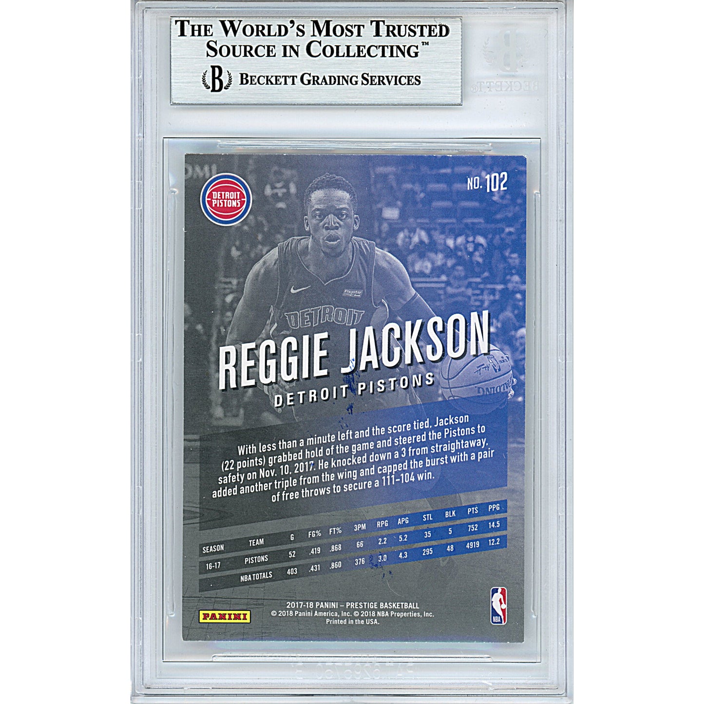 Basketballs- Autographed- Reggie Jackson Signed Detroit Pistons 2017-2018 Panini Prestige Basketball Card Beckett BAS Slabbed 00013694876 - 102