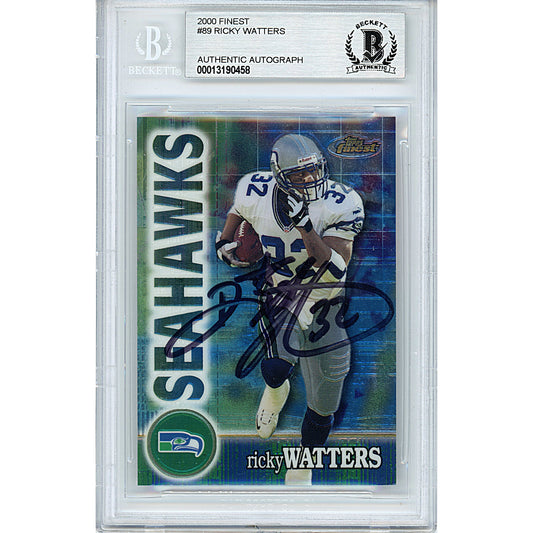 Footballs- Autographed- Ricky Watters Signed Seattle Seahawks 2000 Topps Finest Football Card Beckett BAS Authenticated Slabbed 00013190458 - 101