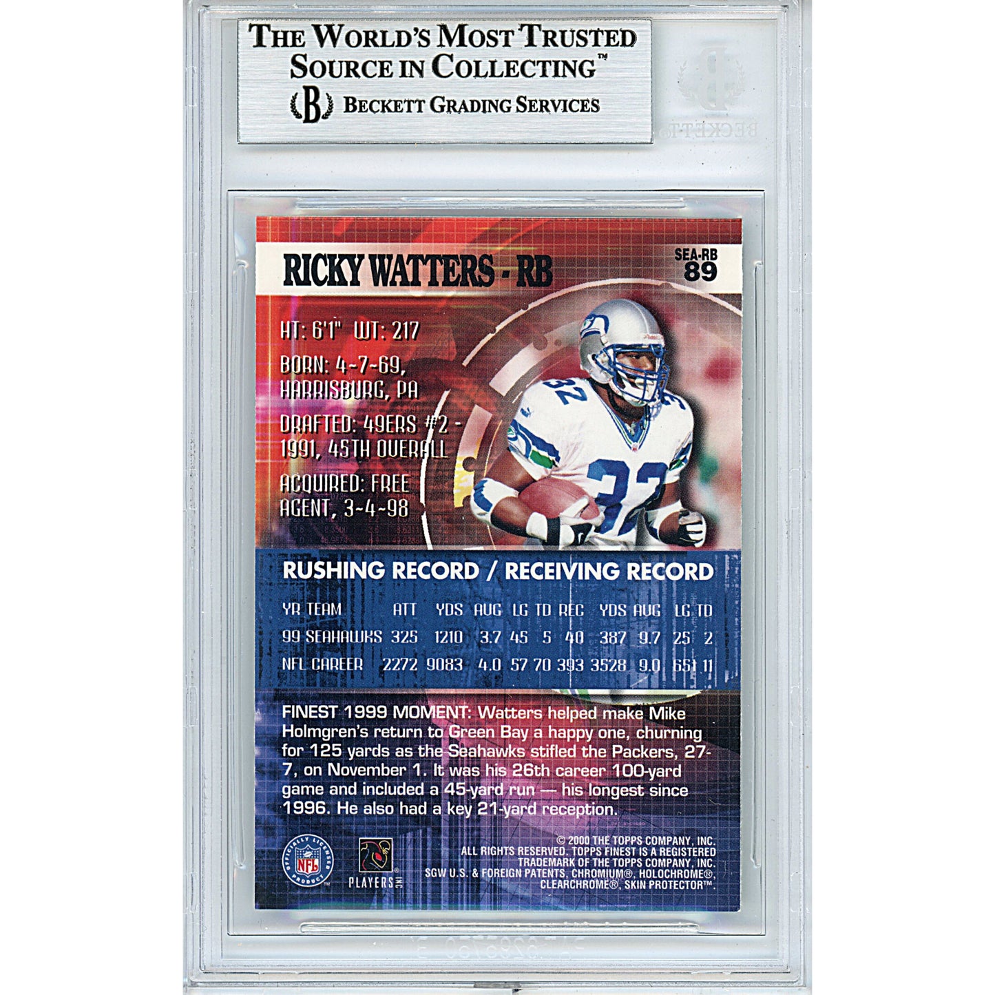 Footballs- Autographed- Ricky Watters Signed Seattle Seahawks 2000 Topps Finest Football Card Beckett BAS Authenticated Slabbed 00013190458 - 102