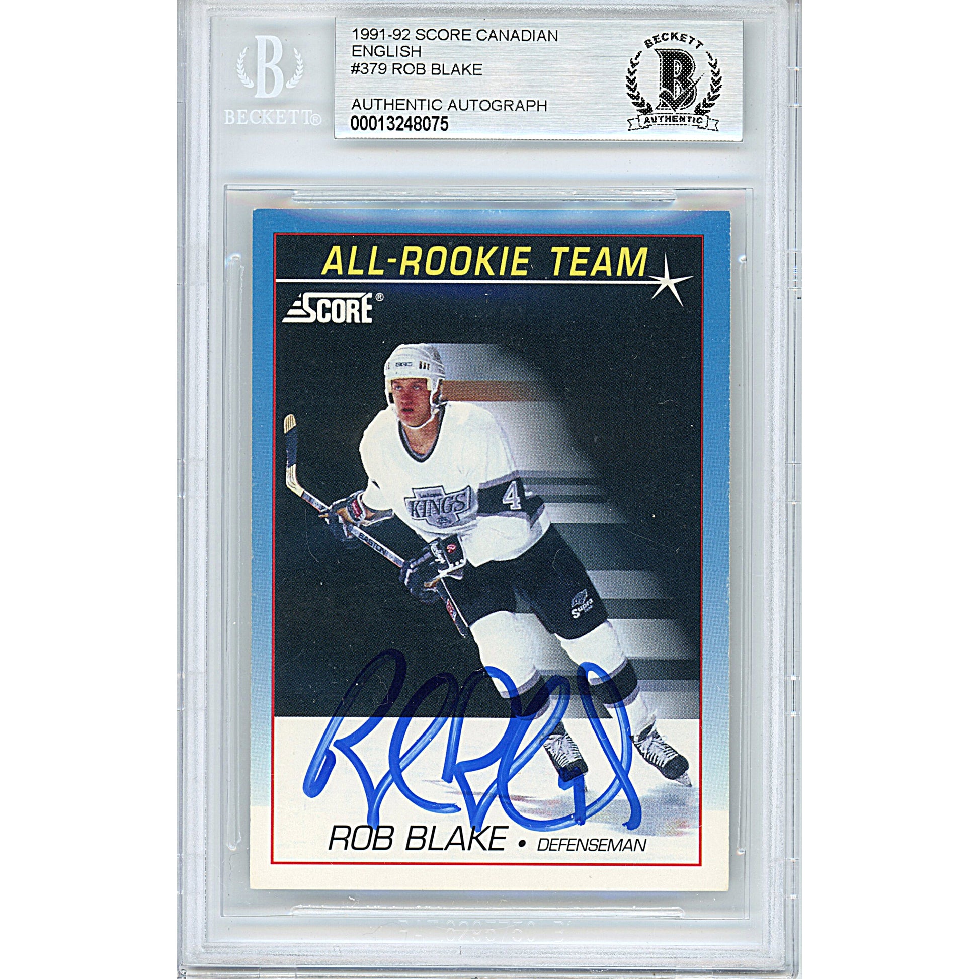 Hockey- Autographed- Rob Blake Signed Los Angeles Kings 1991-1992 Score Canadian English Hockey Card Beckett BAS Slabbed 00013248075 - 101