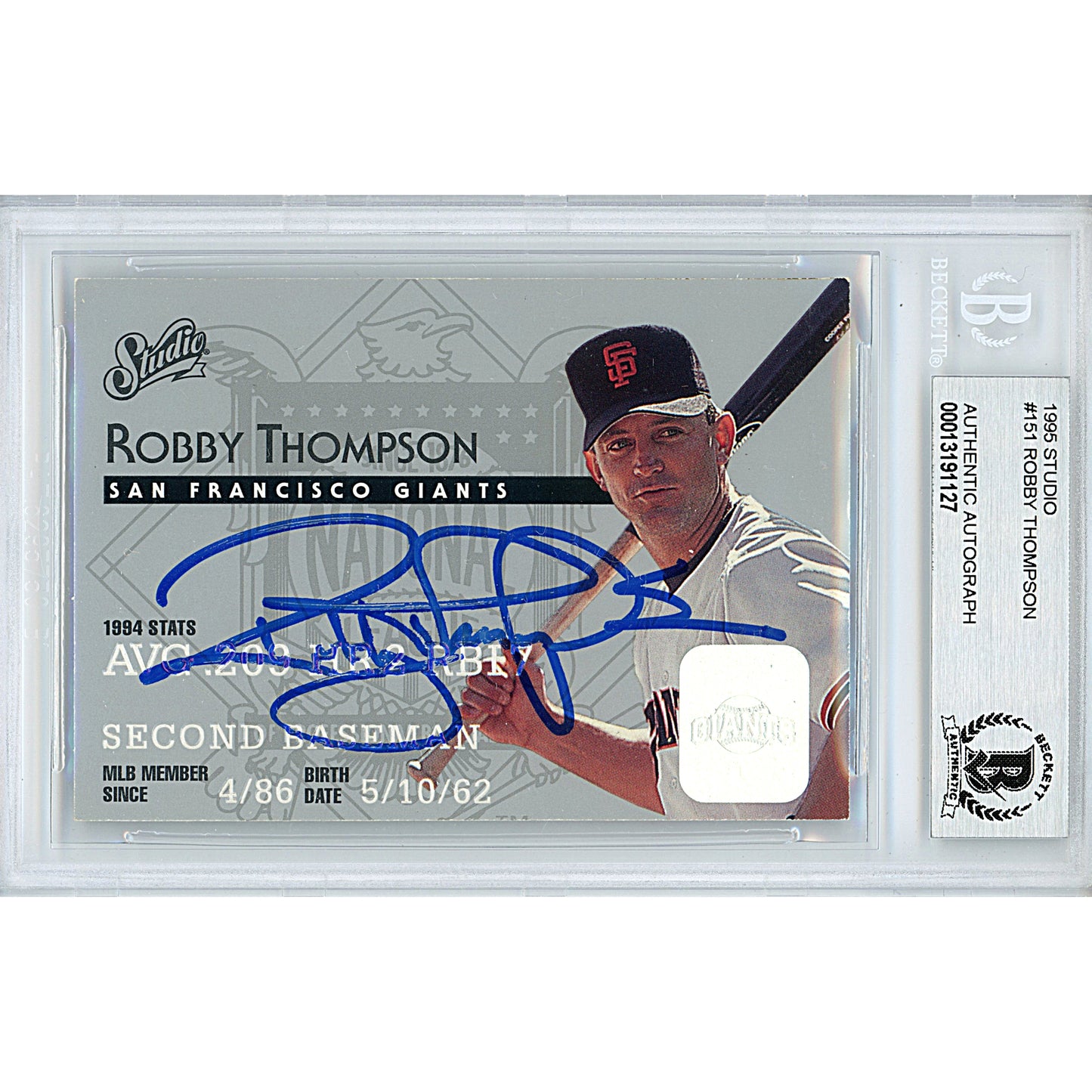 Baseballs- Autographed- Robby Thompson Signed San Francisco Giants 1995 Donruss Studio Baseball Card Beckett BAS Slabbed 00013191127 - 101