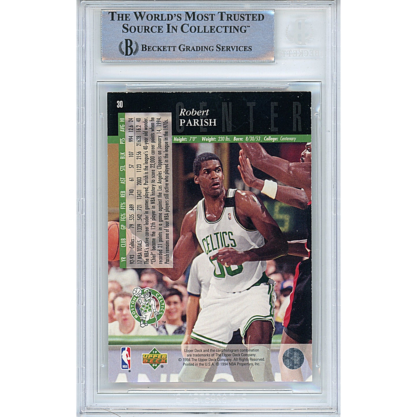 Basketballs- Autographed- Robert Parish Signed Boston Celtics 1993-1994 Upper Deck Electric Court Insert Basketball Card Beckett Slabbed 00014390610 - 102