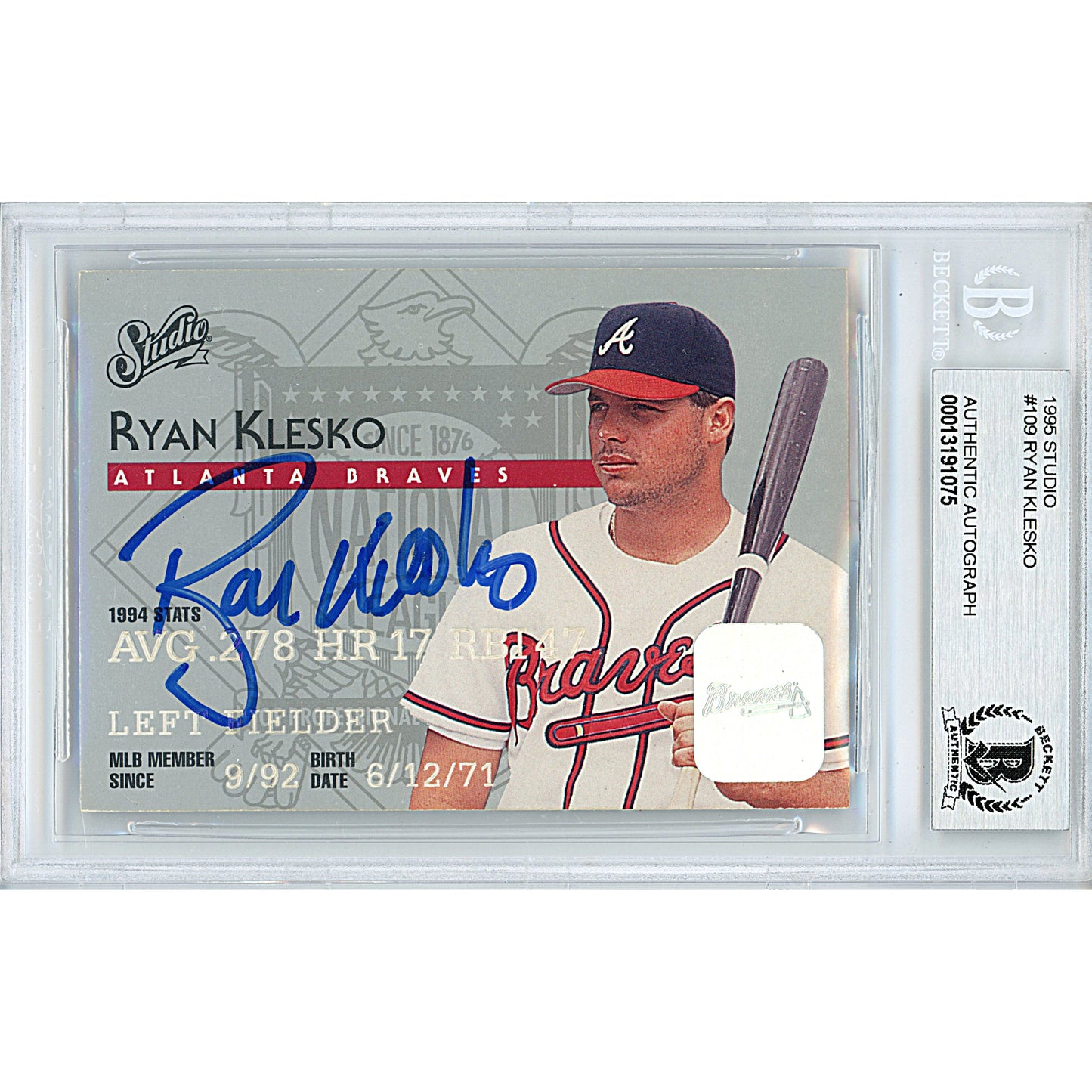 Baseballs- Autographed- Ryan Klesko Signed Atlanta Braves 1995 Donruss Studio Baseball Card Beckett BAS Slabbed 00013191075 - 101