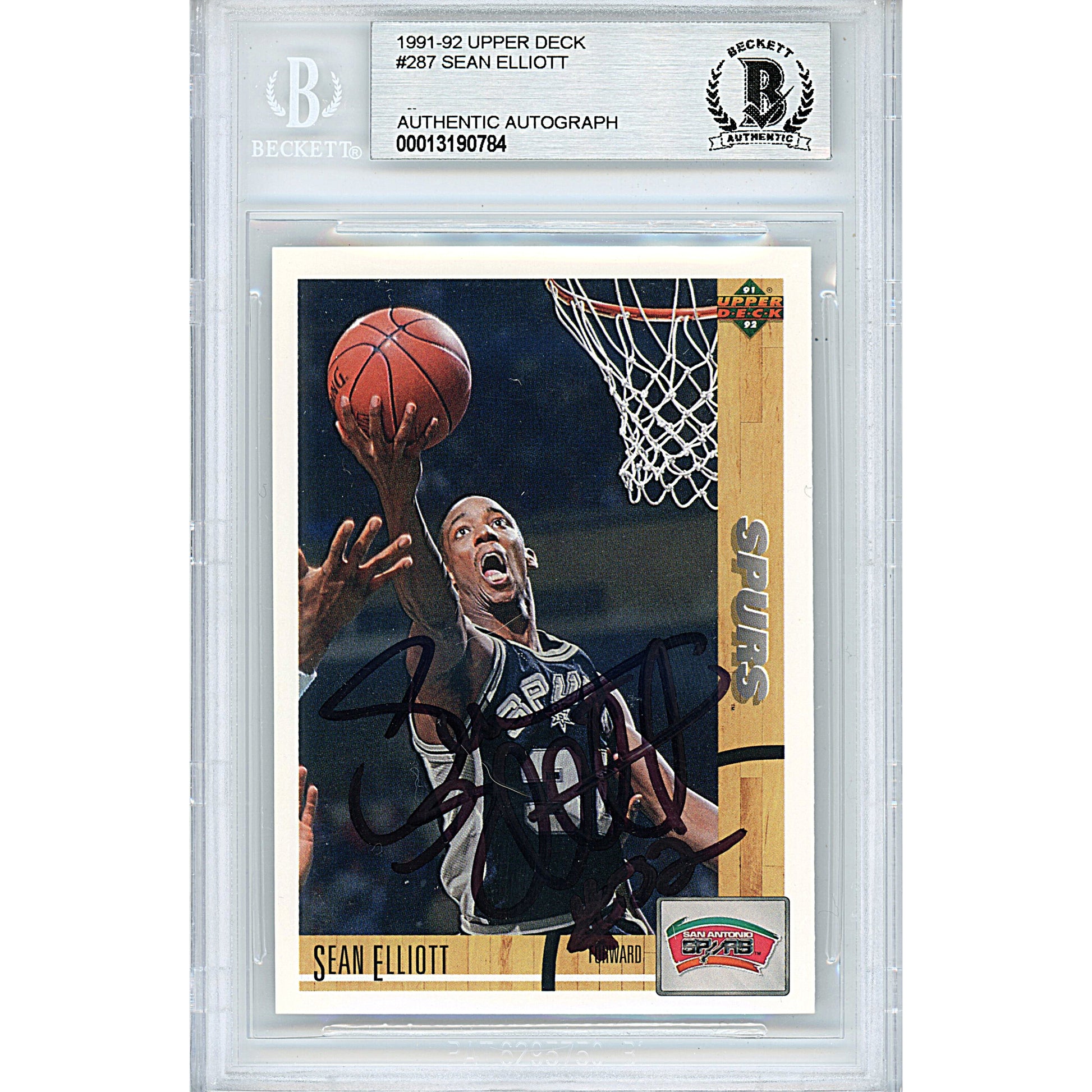 Basketballs- Autographed- Sean Elliott Signed San Antonio Spurs 1991-1992 Upper Deck Basketball Card Beckett BAS Slabbed 00013190784 - 101
