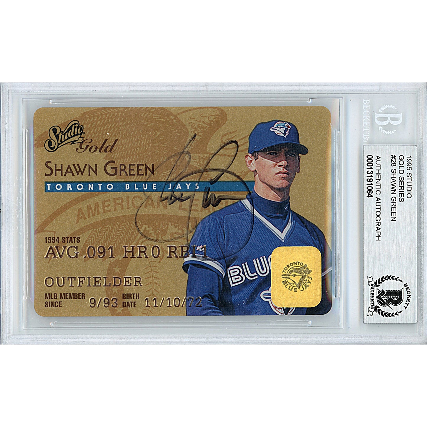 Baseballs- Autographed- Shawn Green Signed Toronto Blue Jays 1995 Donruss Studio Gold Series Insert Baseball Card Beckett BAS Slabbed 00013191064 - 101