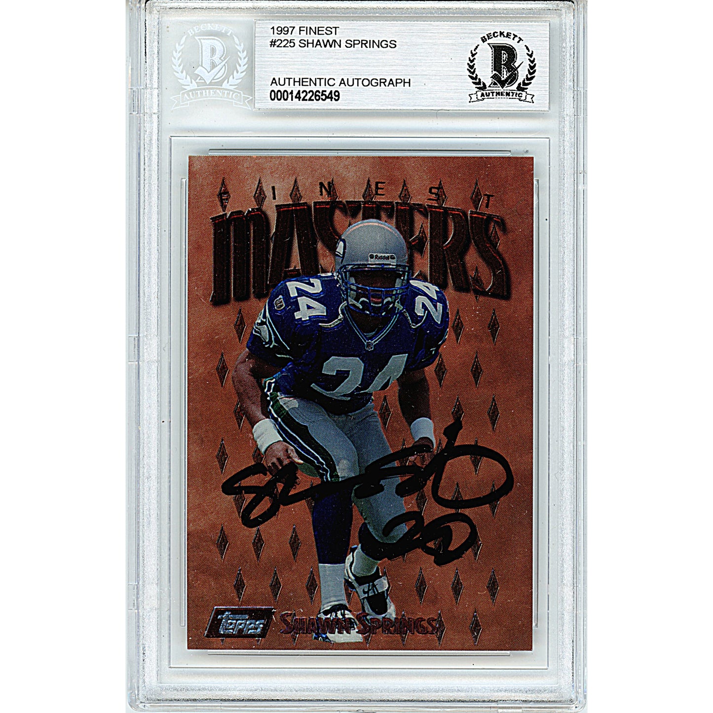 Footballs- Autographed- Shawn Springs Signed Seattle Seahawks 1997 Topps Finest Masters Football Card Beckett BAS Slabbed 00014226549 - 101