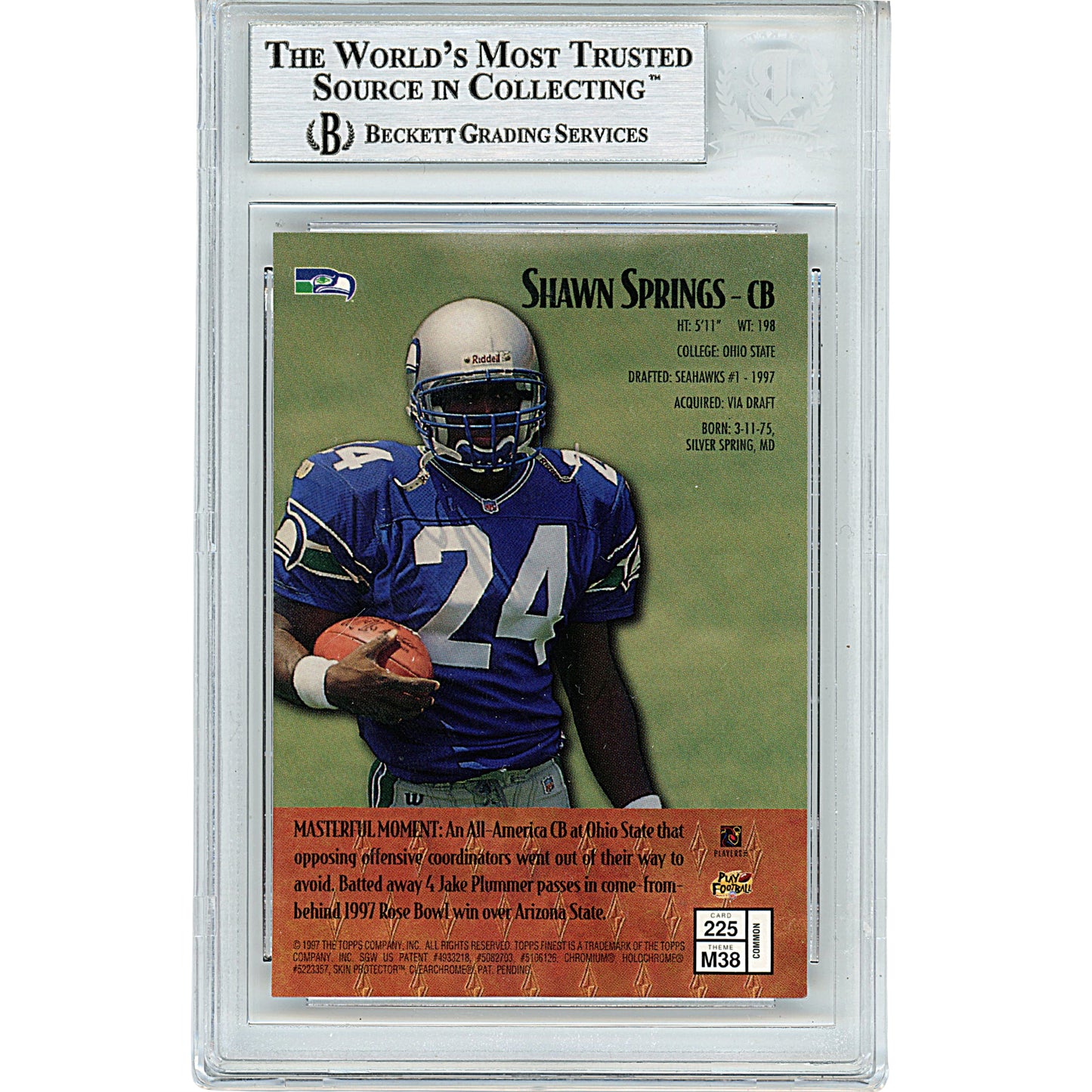 Footballs- Autographed- Shawn Springs Signed Seattle Seahawks 1997 Topps Finest Masters Football Card Beckett BAS Slabbed 00014226549 - 102