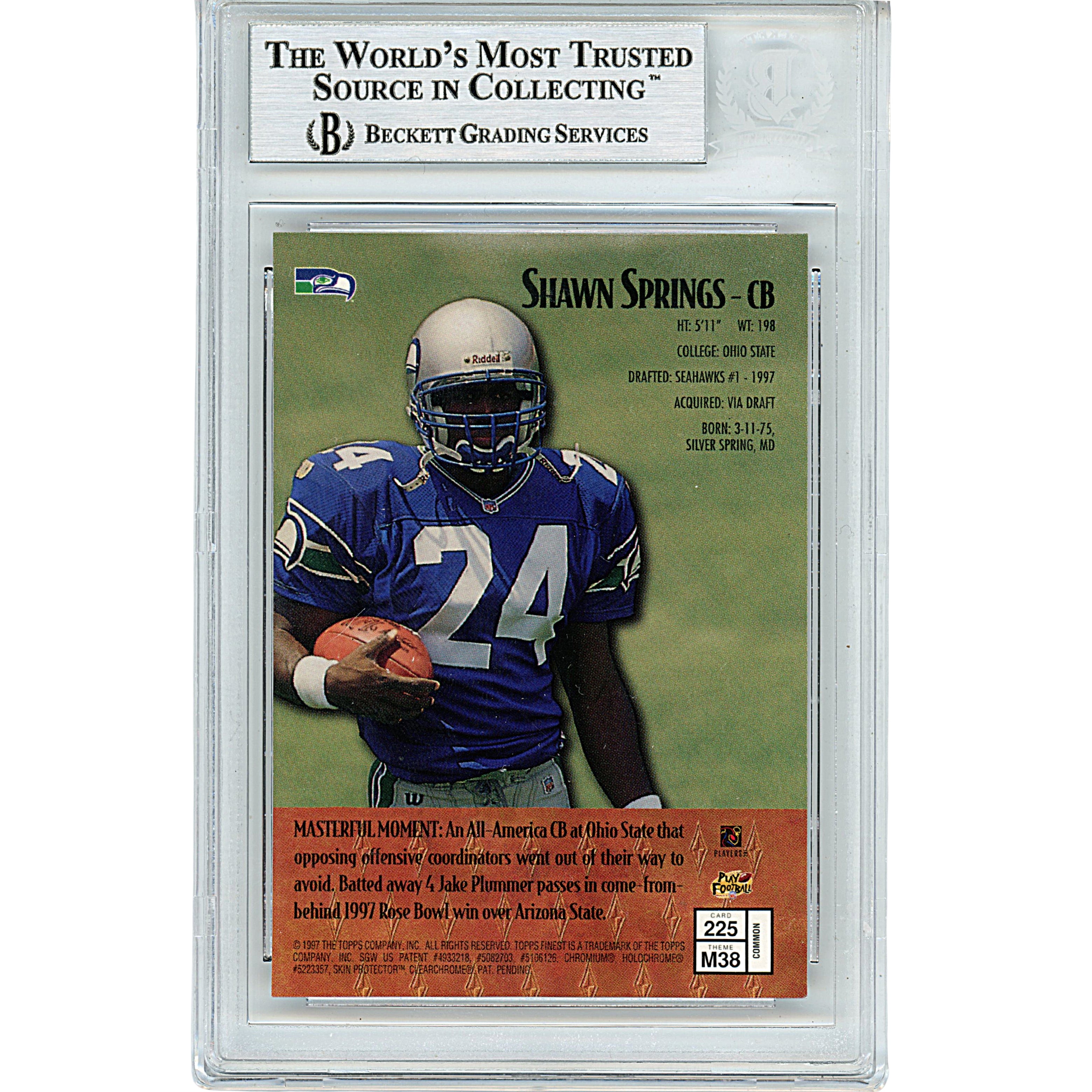 Shawn Springs signed trading card – signature close-up – Beckett COA
