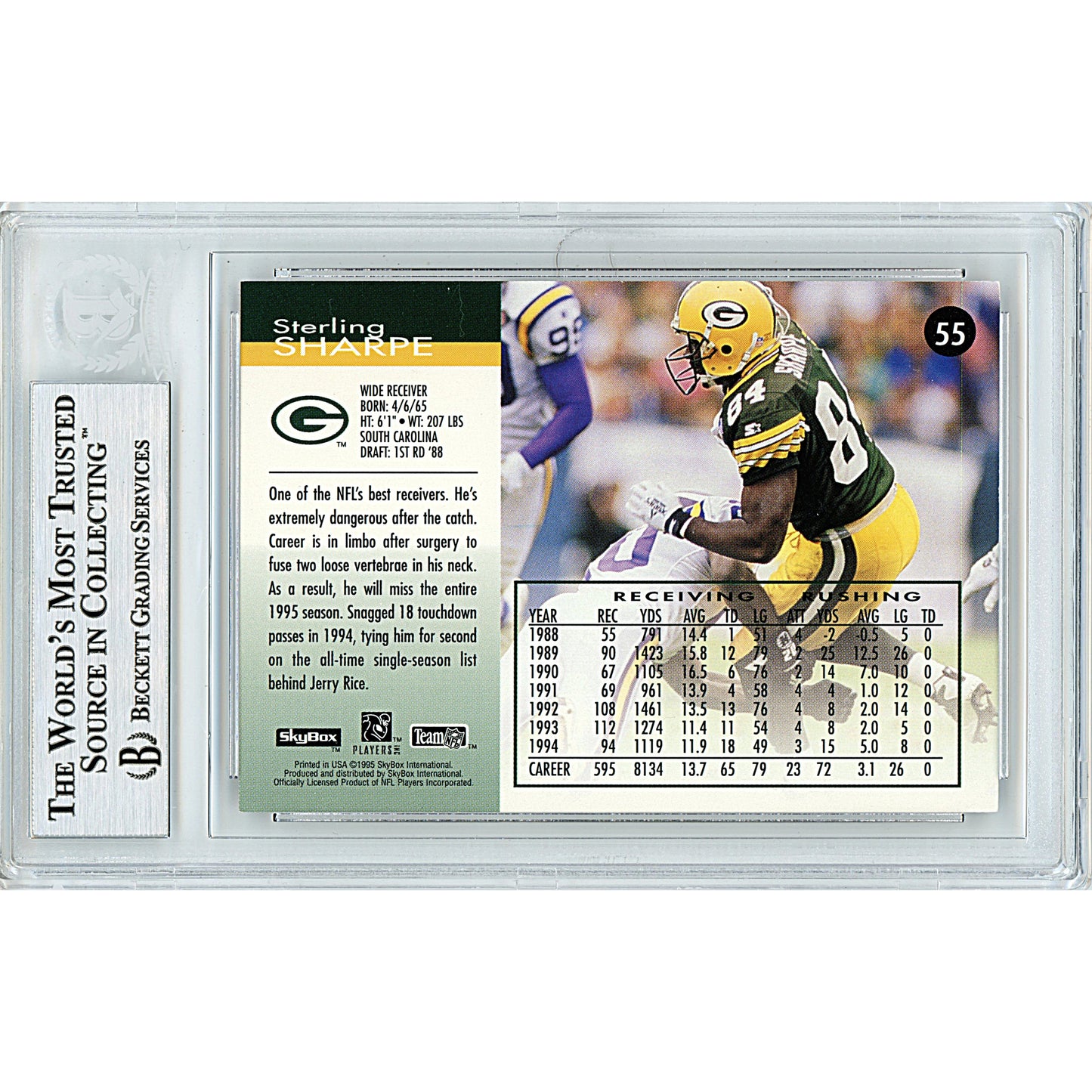 Footballs- Autographed- Sterling Sharpe Signed Green Bay Packers 1995 Skybox Impact Football Card Beckett BAS Slabbed 00014225859 - 103