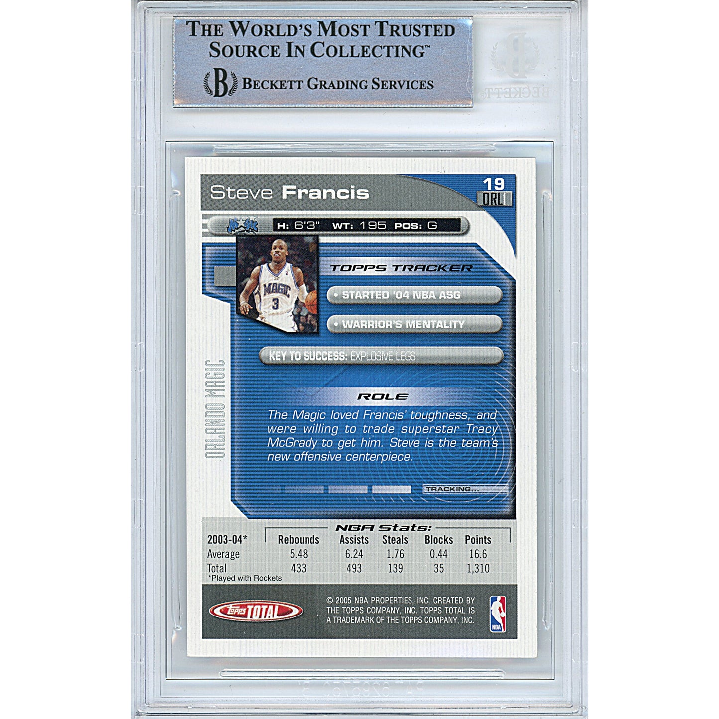 Basketballs- Autographed- Steve Francis Signed Orlando Magic 2004-2005 Topps Total Basketball Card Beckett Slabbed 00014391013 - 102