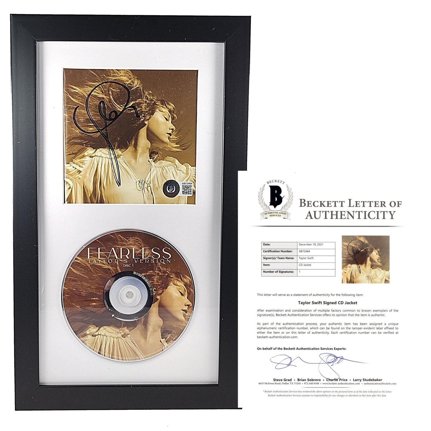 Music- Autographed- Taylor Swift Signed Fearless CD Cover Framed Matted Beckett BAS Authentication LOA Vertical 101