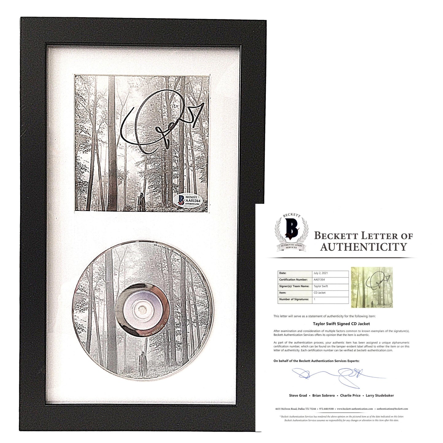 Music- Autographed- Taylor Swift Signed Folklore CD Cover Vertical Framed and Matted with Compact Disc - Beckett BAS Authentication Letter of Authenticity LOA 101