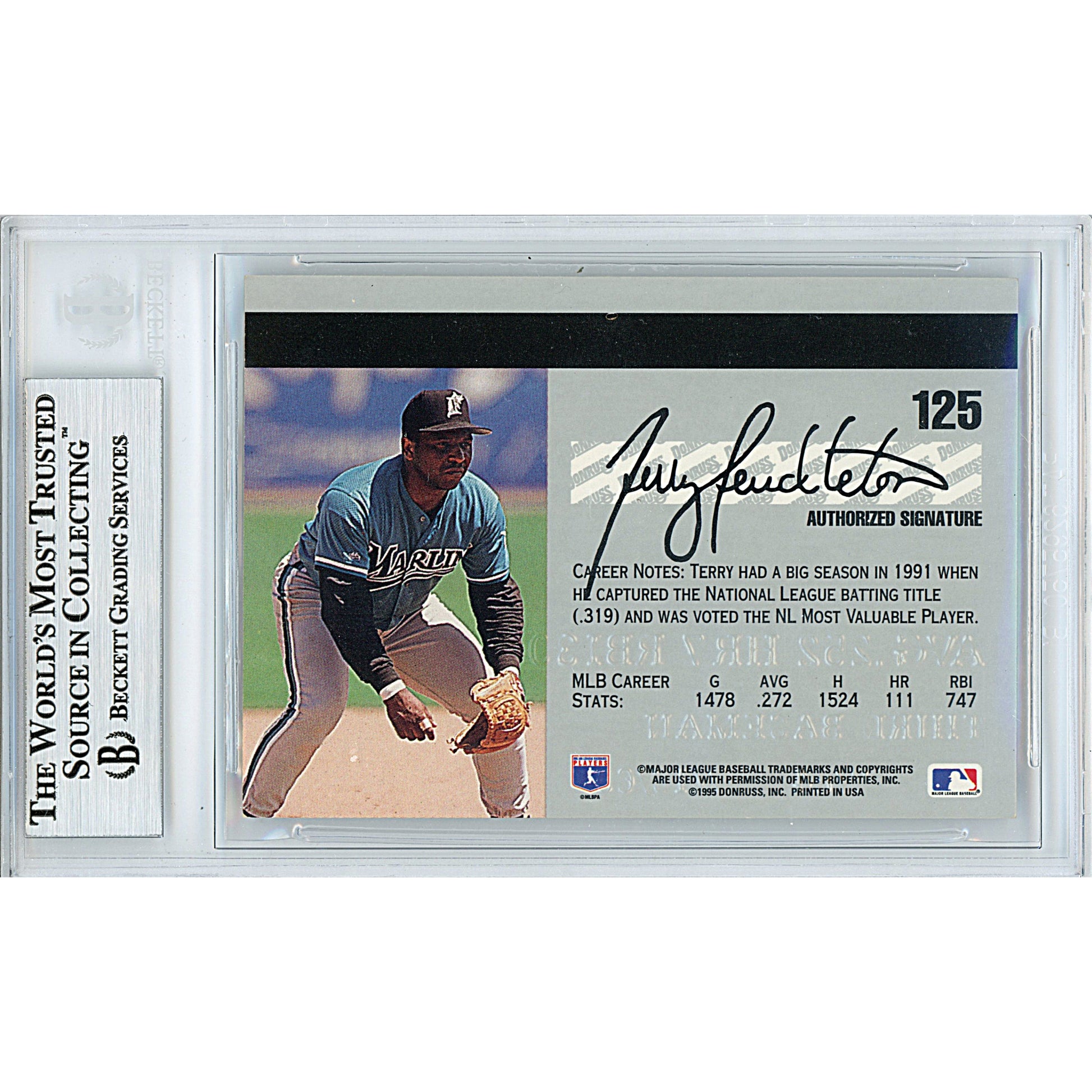 Baseballs- Autographed- Terry Pendleton Signed Florida Marlins 1995 Studio Baseball Card Beckett BAS Slabbed 00013191078 - 103